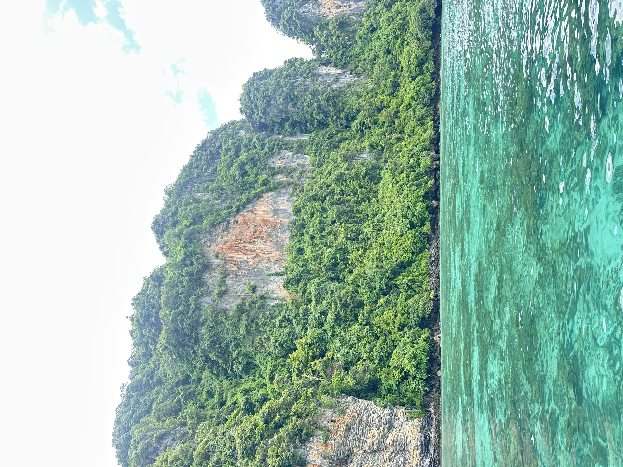 This media file captures a vertical panorama of a tropical coastal scene in Ao Nang, Thailand. The image is dominated by a sheer, lushly vegetated limestone cliff face rising dramatically from the turquoise waters of the Andaman Sea. The cliff is a tapestry of verdant green foliage, with pockets of exposed rock, some showing reddish-brown hues, interspersed throughout. The rocky texture of the cliff face is evident, with layers and crevices suggesting its geological formation.
The water in the foreground is a vibrant, translucent turquoise, rippling with sunlight, creating a dynamic surface texture. The clarity of the water suggests it is shallow near the shore and possibly rich with marine life, though none are explicitly visible. A few faint silhouettes of what appear to be people can be seen in the water, suggesting recreational activity like swimming or snorkeling.
The sky above is a pale, bright white, with only a hint of diffused light, suggesting either early morning or late afternoon, or overcast conditions. The overall impression is one of natural beauty and tranquility, characteristic of the popular tourist destinations in Southern Thailand. The scene evokes a sense of adventure and relaxation, with the imposing cliffs and serene waters inviting exploration. No text is visible in the image.