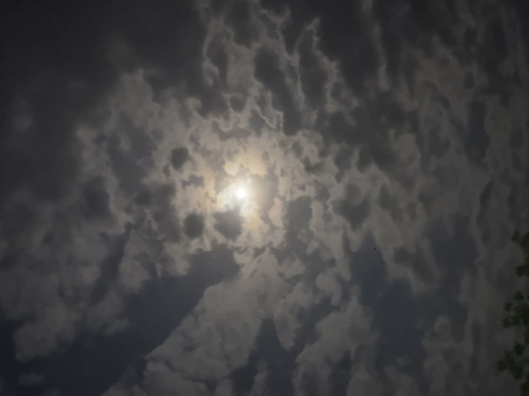 The image depicts a night sky, heavily obscured by clouds. A bright, circular light source, likely the moon, shines through a gap in the cloud cover. The cloud formations are varied, with some appearing dense and dark, and others lighter and more diffuse. The overall scene suggests a nighttime environment in Sarnevo, Bulgaria, with the moon as a dominant feature in the sky. A few leaves of what appears to be a tree are visible on the right.