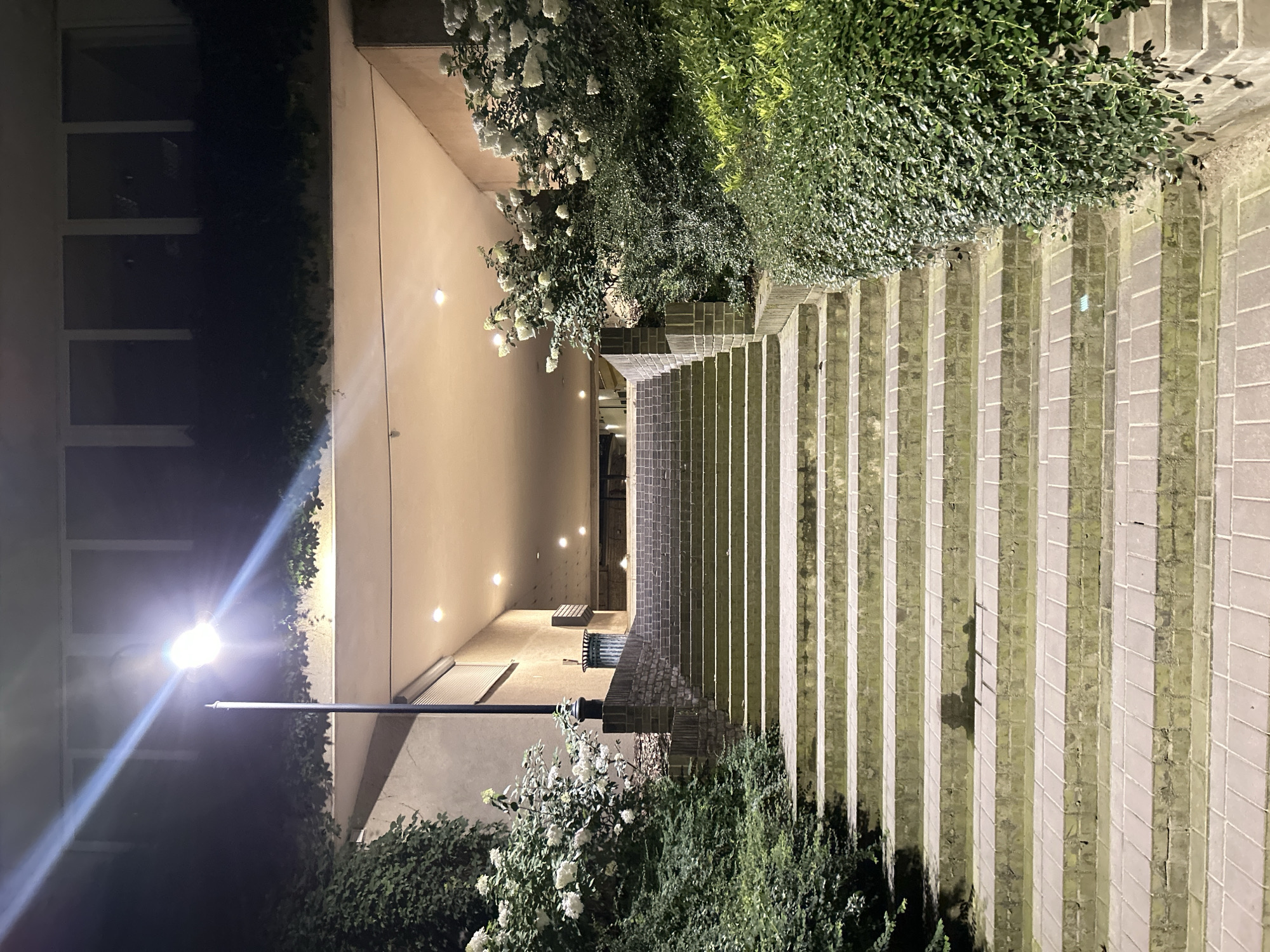 A wide outdoor staircase made of light-colored brick paving stones leads upwards toward a covered walkway. The staircase is flanked on both sides by lush green bushes and flowering white hydrangeas. A tall, dark lamppost with a bright light illuminates the scene from the left. The covered walkway above has a light-colored ceiling with recessed lighting and a series of dark, rectangular openings along the upper facade. The overall scene suggests an exterior entrance or pathway in a public space, possibly a residential building or park area in Vilnius, Lithuania. The time appears to be night or dusk, given the artificial lighting. There are no people visible in the image.
