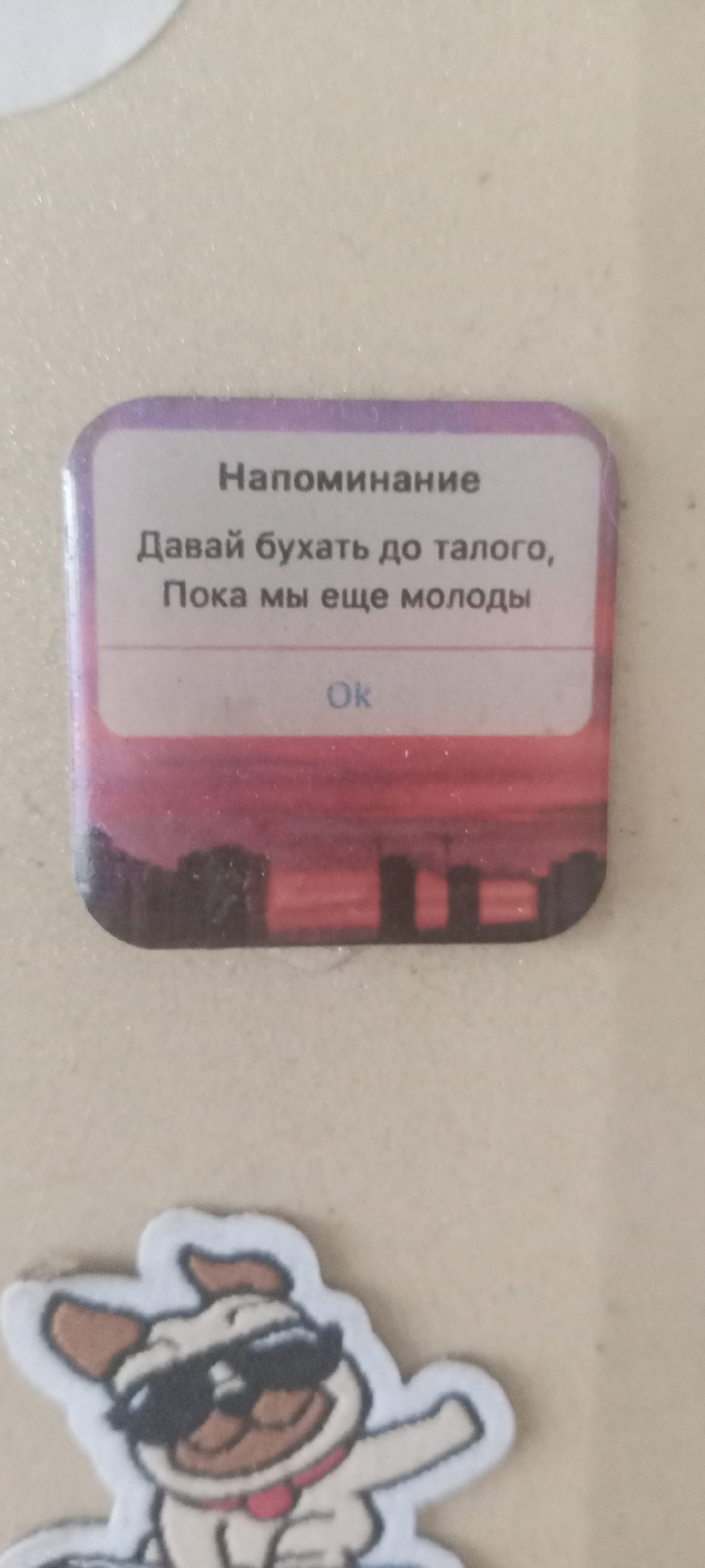 The image shows a sticker with a pop-up notification design. The notification is titled "Напоминание" (Reminder) and contains the text "Давай бухать до талого, Пока мы еще молоды" (Let's party until we drop, while we are still young). Below the text is a button labeled "Ok". The background of the notification depicts a sunset over a cityscape. A cartoon image of a pug wearing sunglasses and a red scarf is visible below the notification, suggesting this is a sticker meant for a notebook or other personal item. The location of Kudymkar, Russia, is not depicted in this image.