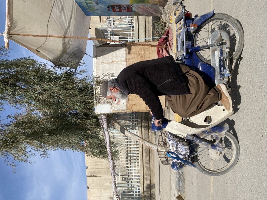 An elderly man, characterized by a long white beard and a grey skullcap, is seen riding a blue and off-white step-through motorcycle on a paved street in Kandahar, Afghanistan. He wears a dark, ribbed jacket, light brown baggy trousers (shalwar), and tan shoes. The motorcycle is equipped with a front basket containing white items, secured by a blue strap, and a metal luggage rack over the rear fender. The scene's background consists of a tall, light grey concrete blast wall, partially topped with barbed wire, behind which green, slender-leaved trees are visible against a clear blue sky. A white building with a metal-grated fence is also discernible behind the wall. To the right, a roadside setup features a large white canvas canopy supported by wooden poles, next to which a display stand advertises "Nitro Energy" and "Nitro Fresh" beverages. The environment is under bright sunlight, casting distinct shadows.