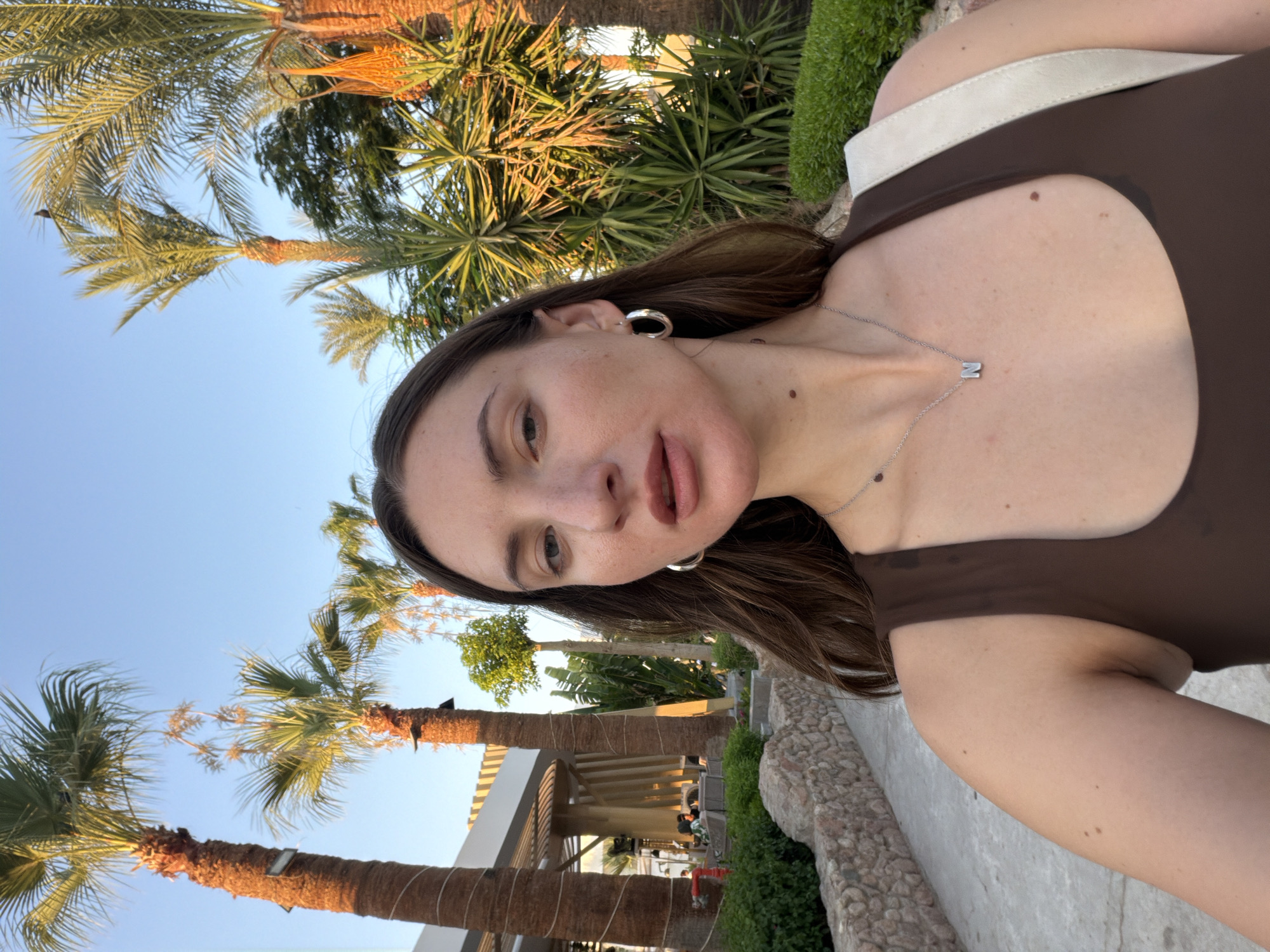 A woman is taking a selfie outdoors in Sharm El Sheikh, Egypt. She is standing on a paved walkway next to a stone wall and lush green bushes. In the background, there are several palm trees and a modern building with an awning. The sky is clear and blue, and the lighting suggests it is late afternoon. The woman has long brown hair and is wearing a brown tank top and a silver necklace with the letter "N" pendant. She is also wearing silver hoop earrings. She is holding a white tote bag over her right shoulder.