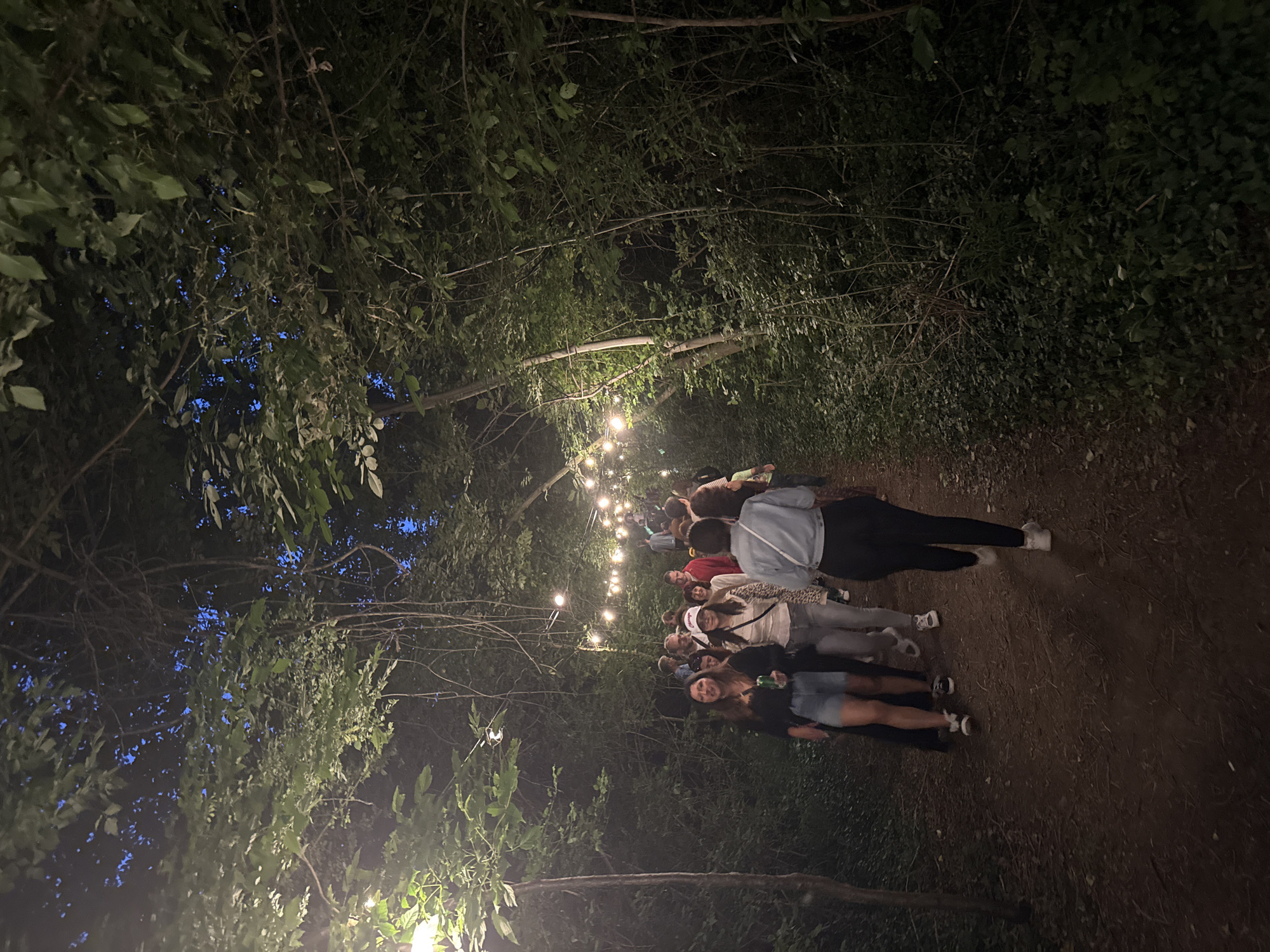In Stara Zagora, Bulgaria, a group of people walks along a dirt path through a wooded area at night. String lights are hung overhead, illuminating the path and the surrounding trees. The trees are dense with foliage, and the sky above is dark blue, indicating it is twilight or night. The people are casually dressed, and some appear to be holding drinks. The atmosphere suggests a festive or recreational gathering in a natural setting.