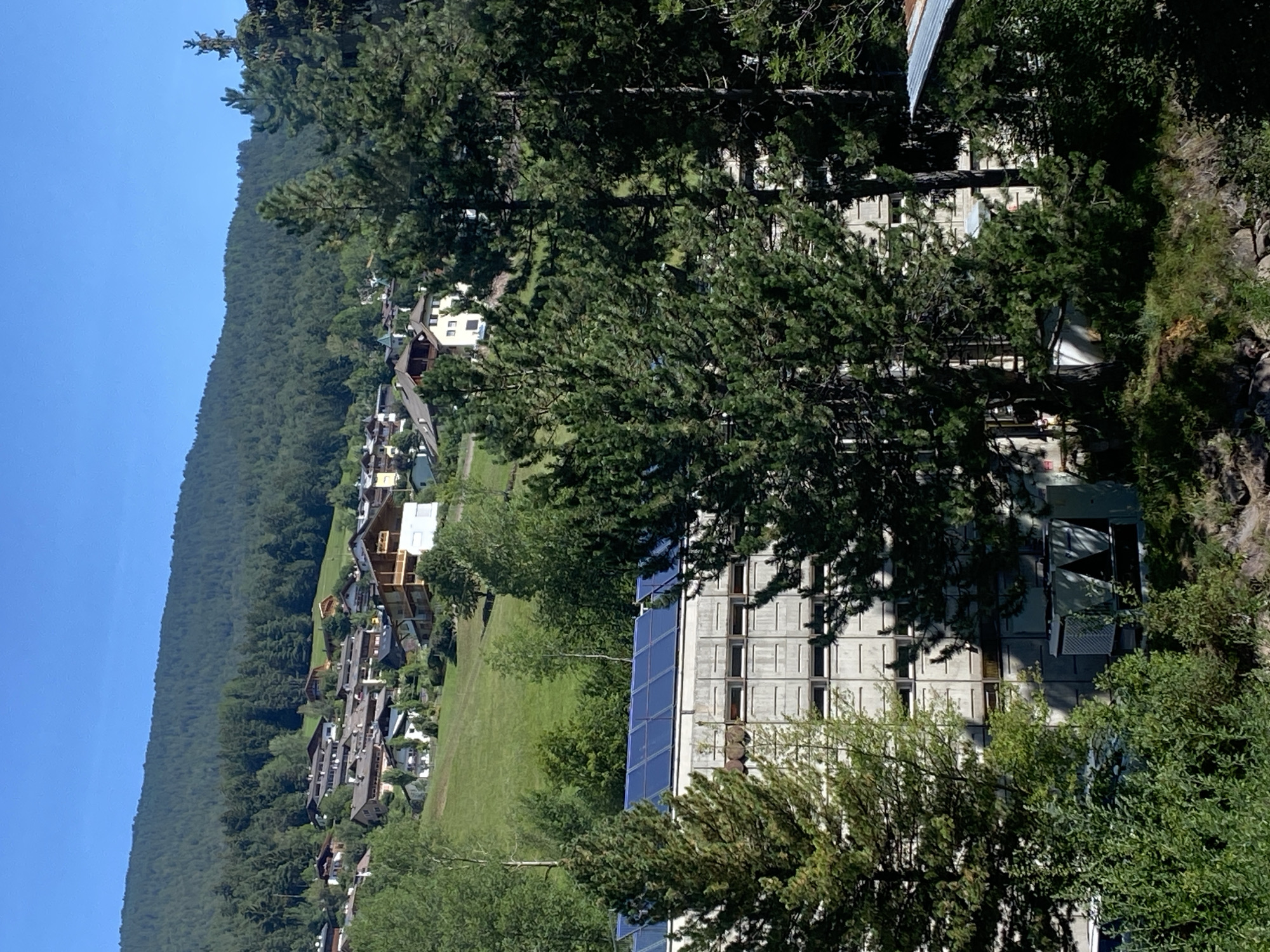 This is a medium-distance, eye-level, outdoor, daylight, full-color, vertical photograph of a rural village in the Italian Alps, likely near Kastelruth - Castelrotto. The scene features a densely wooded mountain slope in the background with a village nestled on its lower part. The village consists of numerous residential buildings with peaked roofs, varying in color from white to brown and grey. The buildings are situated on a green, sloping hillside dotted with trees. In the foreground, a large, multi-story building with a concrete facade and numerous windows is visible. The roof of this building is covered with a grid of solar panels. Several large evergreen trees, possibly pine trees, are interspersed throughout the foreground, partially obscuring the view of the building. In front of the concrete building, there are some industrial-looking units with vents and pipes. The sky is clear and blue. The overall impression is one of a mountainous region with a blend of residential and perhaps institutional architecture, integrated with natural elements.