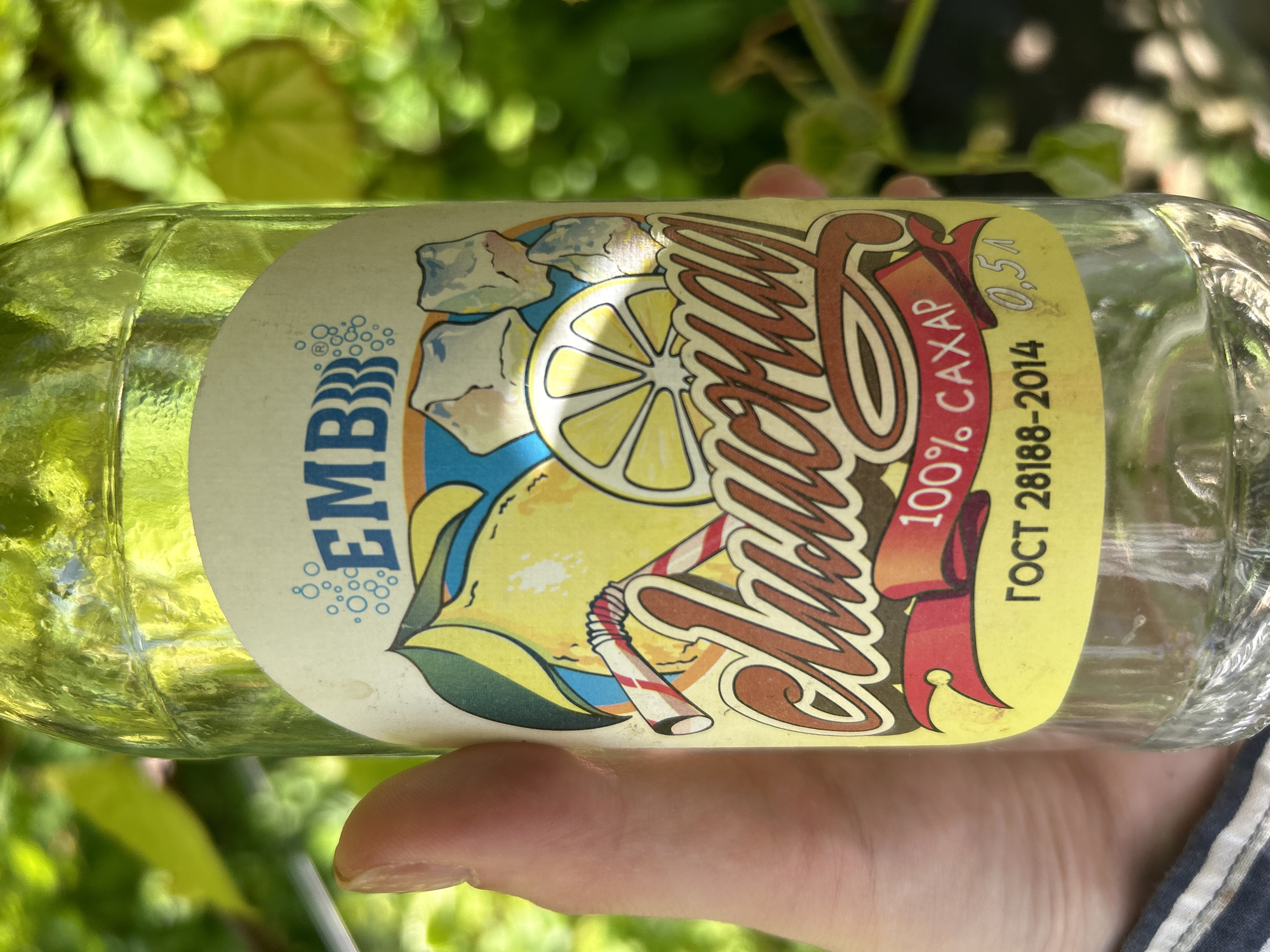 A hand holds a clear glass bottle with a yellow label featuring a cartoon illustration of a lemon, ice cubes, and bubbles. The illustration is in a colorful, retro style. The text on the label is in Russian and includes "EMB" in large blue letters on the left, and on the right side, "100% CAXAP" (100% Sugar), "ГОСТ 28188-2014" (GOST 28188-2014, a Russian standard), and "0,5 л" (0.5 liters). The bottle is outdoors, with blurred green foliage in the background, suggesting a natural setting during daylight. The hand holding the bottle appears to be that of an adult, and the overall lighting suggests it is daytime. The scene is casual and hints at enjoying a beverage outdoors, possibly in a park or garden.