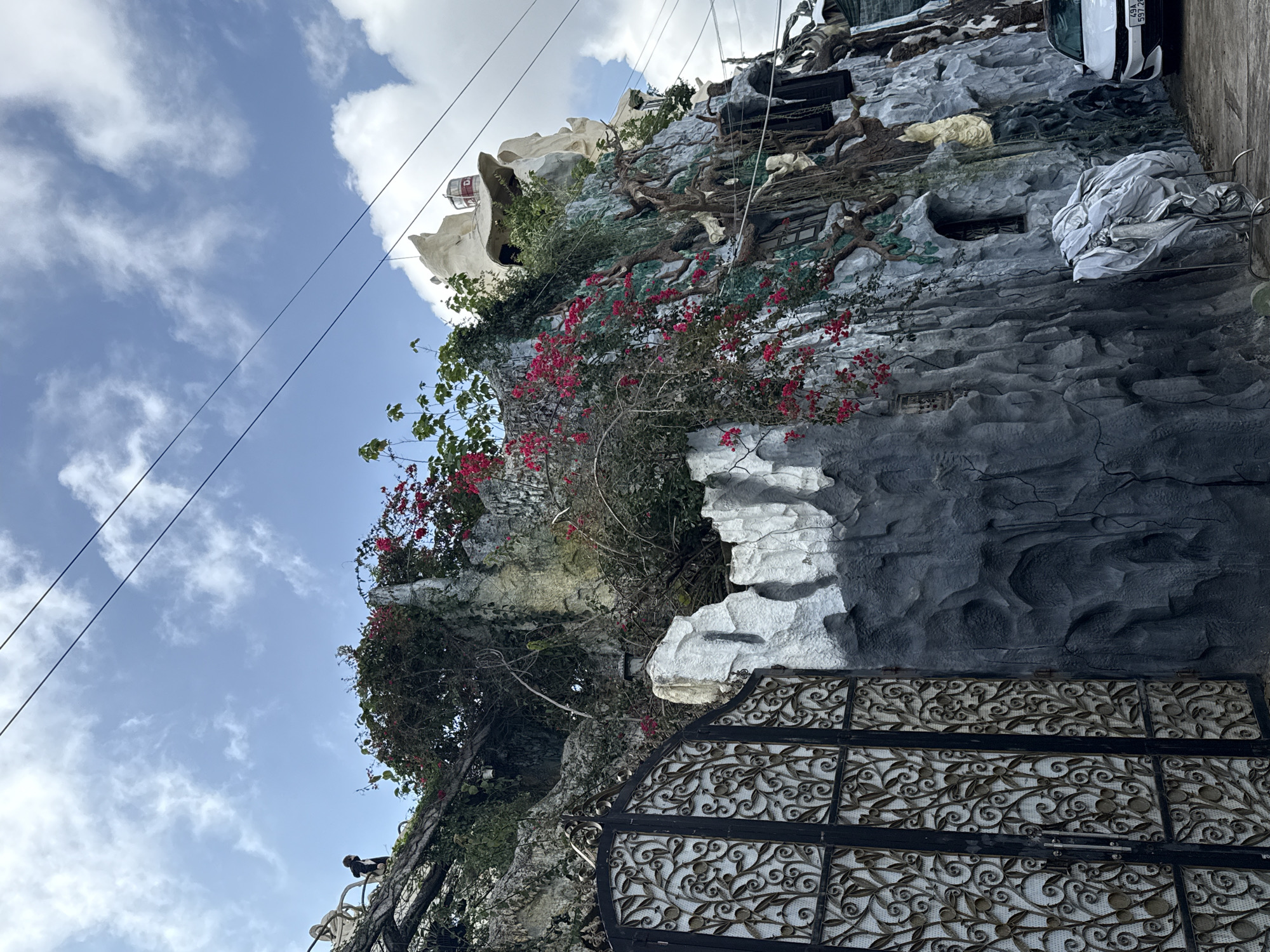 The image displays a unique and organically designed building, consistent with the architectural style found in Da Lat, Vietnam. The structure's facade is sculpted to resemble natural rock formations, featuring various shades of grey stone textures and pronounced, root-like or vine-like elements that intertwine across its surfaces. Vibrant pink bougainvillea flowers bloom profusely, cascading over parts of the building and contrasting with the grey stone and green foliage.
In the foreground, a section of an elaborate dark metal gate is visible, adorned with intricate, swirling patterns and leaf motifs, suggesting an ornate entrance. The building itself appears multi-layered, with small windows integrated into the rock-like walls, some featuring grates.
Towards the upper right, a white car is parked on an elevated section or roof of the building. The license plate "49A 597.20" is clearly legible on the vehicle. Nearby, a white or light grey tarpaulin is draped over an object or railing. In the distant upper left, a small red structure, possibly a cable car gondola, is visible against the sky.
The scene is set under a bright blue sky dotted with scattered white, fluffy clouds, indicating clear and sunny daytime weather. Several black power lines stretch horizontally across the upper left portion of the frame. The overall impression is one of a fantastical, immersive architectural environment, blending the artificial with naturalistic forms. No people or active events are depicted, presenting a static view of the distinctive building.