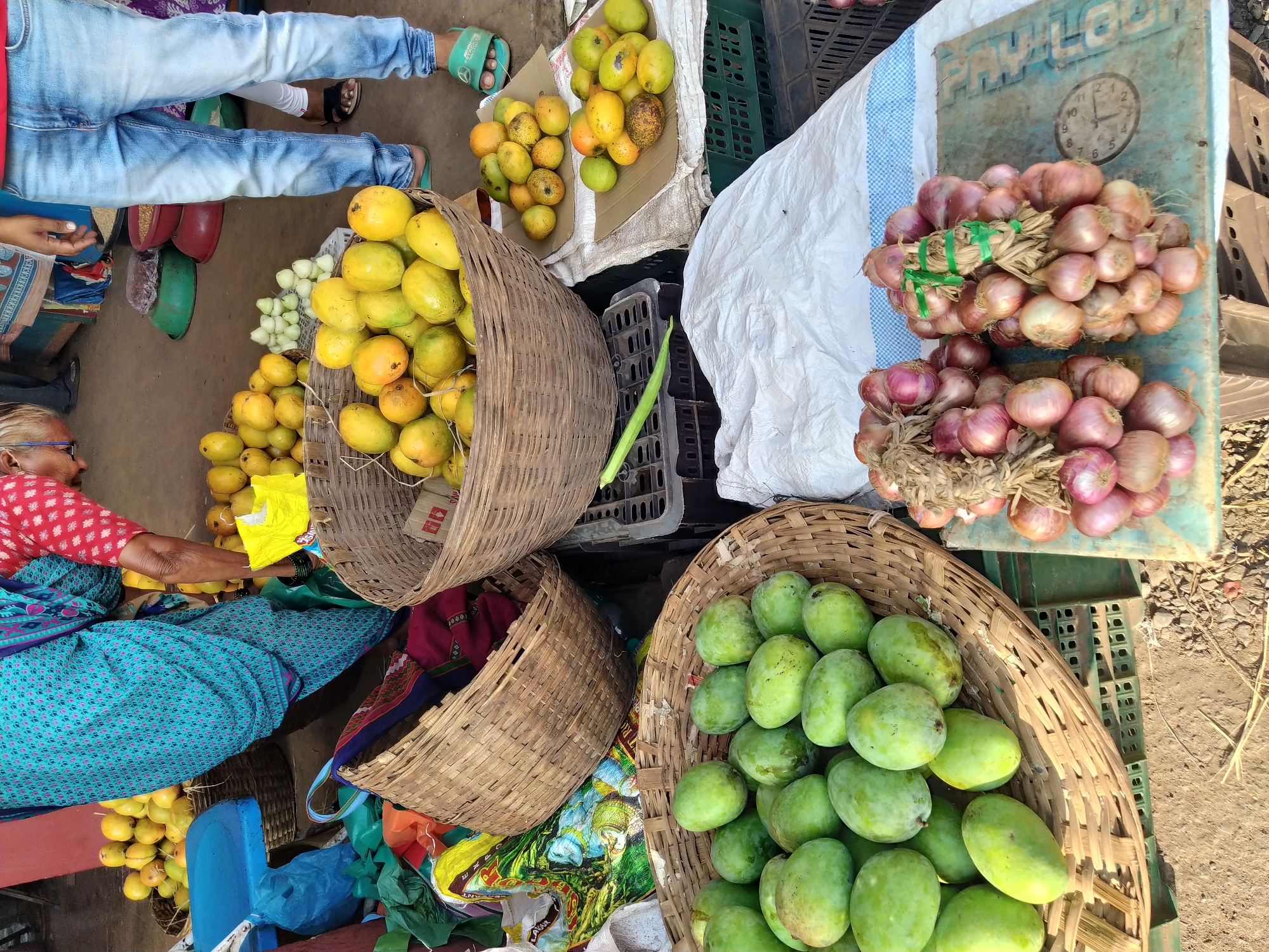 Captured in Mapusa, India, the image depicts a vibrant marketplace. A woman clad in a blue sari with red accents sits among woven baskets brimming with mangoes, both yellow and green varieties. Other baskets sit nearby, some containing goods covered by fabric. Bunches of red onions are displayed on a weathered surface, possibly a signboard, alongside a white bag and an assortment of crates. A person wearing jeans and sandals stands above, partially visible at the top of the frame. The scene is bustling with commerce, showcasing a typical day at the market.