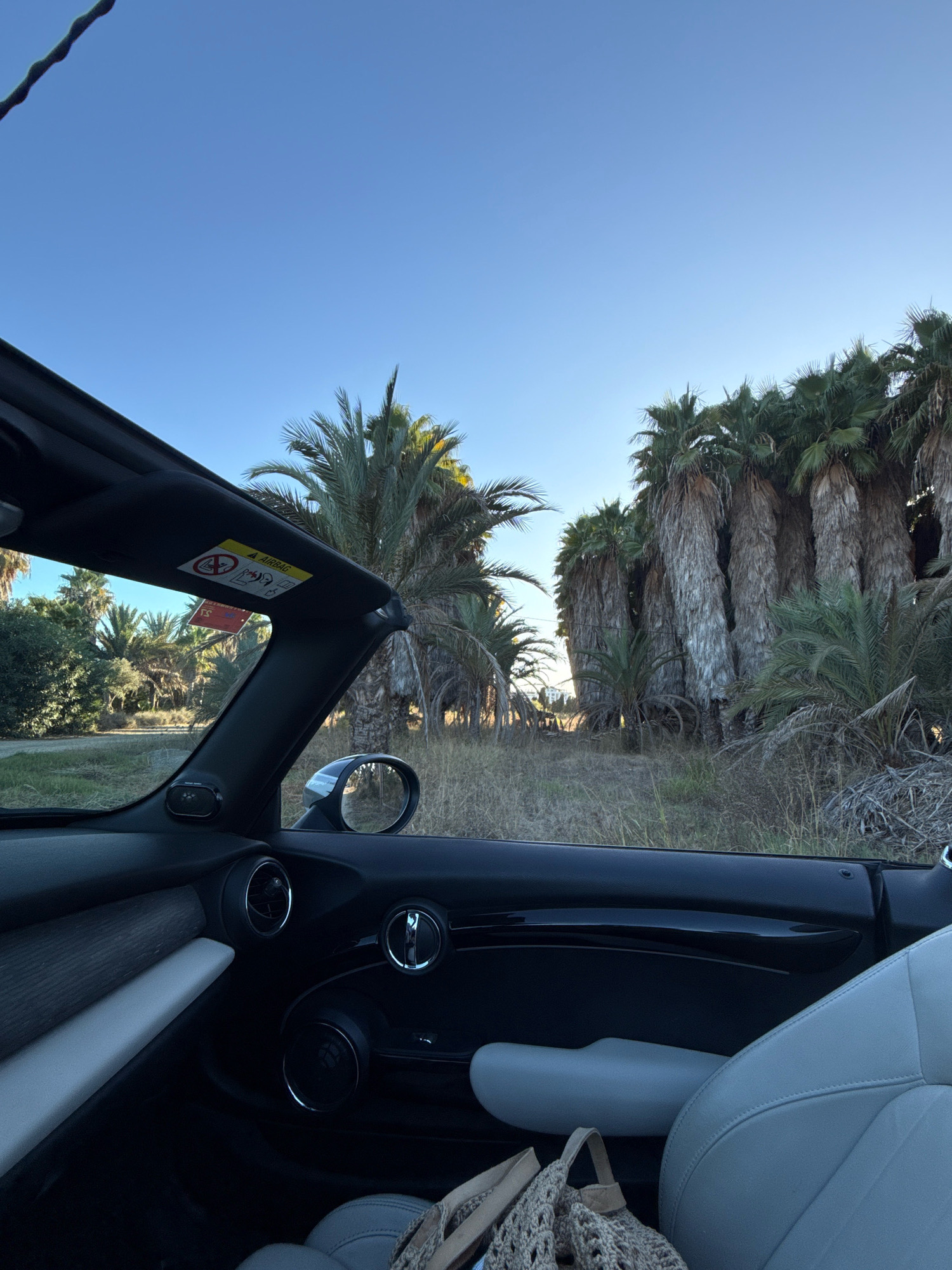 The image shows the interior of a black convertible car, with the passenger side door and dashboard visible. The car is parked outdoors, with a view of numerous palm trees and dry grass through the open top. The sky is clear and blue. On the passenger side door, there is a silver speaker grille and a silver door handle. The seat is upholstered in light grey leather. A woven bag is visible on the seat. A warning sticker for the airbag is attached to the sun visor above the dashboard. The scene suggests a warm, dry climate, possibly a roadside stop or scenic overlook. The location is identified as Santa Eulària des Riu, Spain.