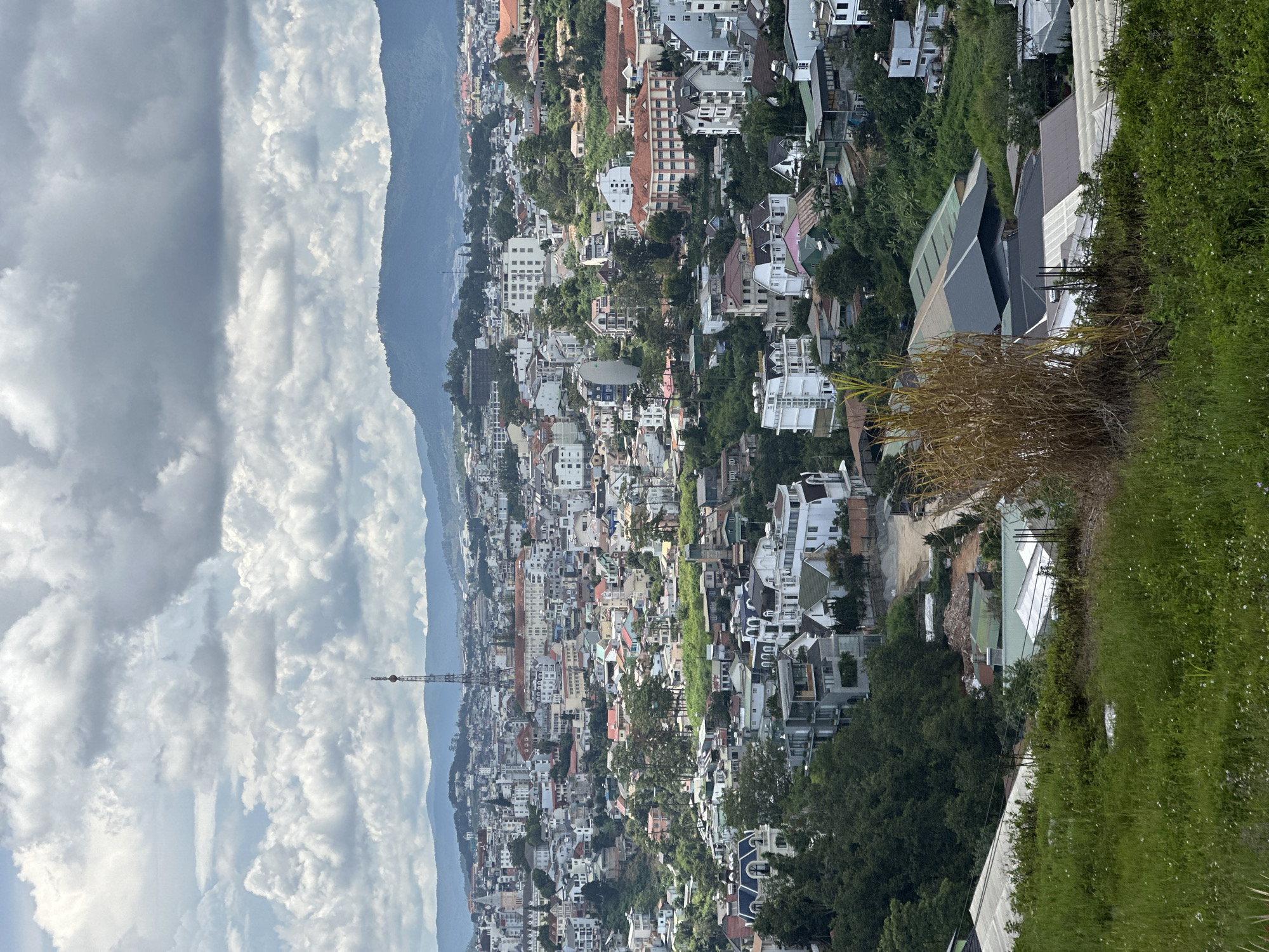 This is a vertical, high-angle, panoramic shot of a densely populated city nestled against rolling, tree-covered hills, with a hazy, cloudy sky overhead. The architecture is a mix of modern and older European-inspired buildings with various roof colors, including red, white, grey, and pink. Many buildings appear to be residential, with some larger, more modern structures with grey, sloped roofs in the foreground. Lush green trees and vegetation are abundant, growing between and around the buildings, as well as on the hillsides. A crane is visible in the middle ground, suggesting ongoing construction. The overall impression is of a vibrant city integrated with its natural landscape. The time of day appears to be daytime, with overcast skies and diffused light. The location is identified as Da Lat, Vietnam, known for its cool climate and French colonial architecture, which is hinted at by the building styles. No people are visible, but the sheer volume of buildings suggests a significant population. The weather appears to be partly cloudy, with large, fluffy white clouds dominating the upper left portion of the frame.