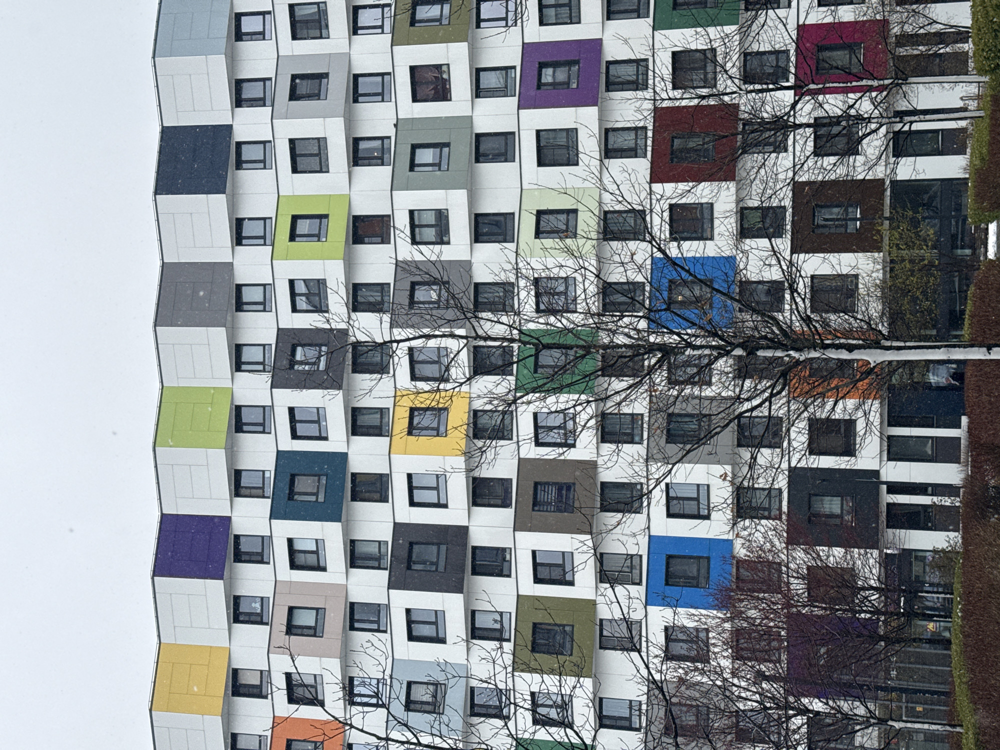 The image shows the facade of a modern residential building in Moscow, Russia, identifiable by its distinctive cubic design with alternating colorful panels. The building's exterior consists of white cubic modules, some of which are painted in a variety of colors including green, blue, purple, orange, and red. The windows are square and black, set into each cubic module. A leafless tree is in the foreground, partially obscuring the building. It appears to be snowing. A hedge is visible on the right edge of the image.