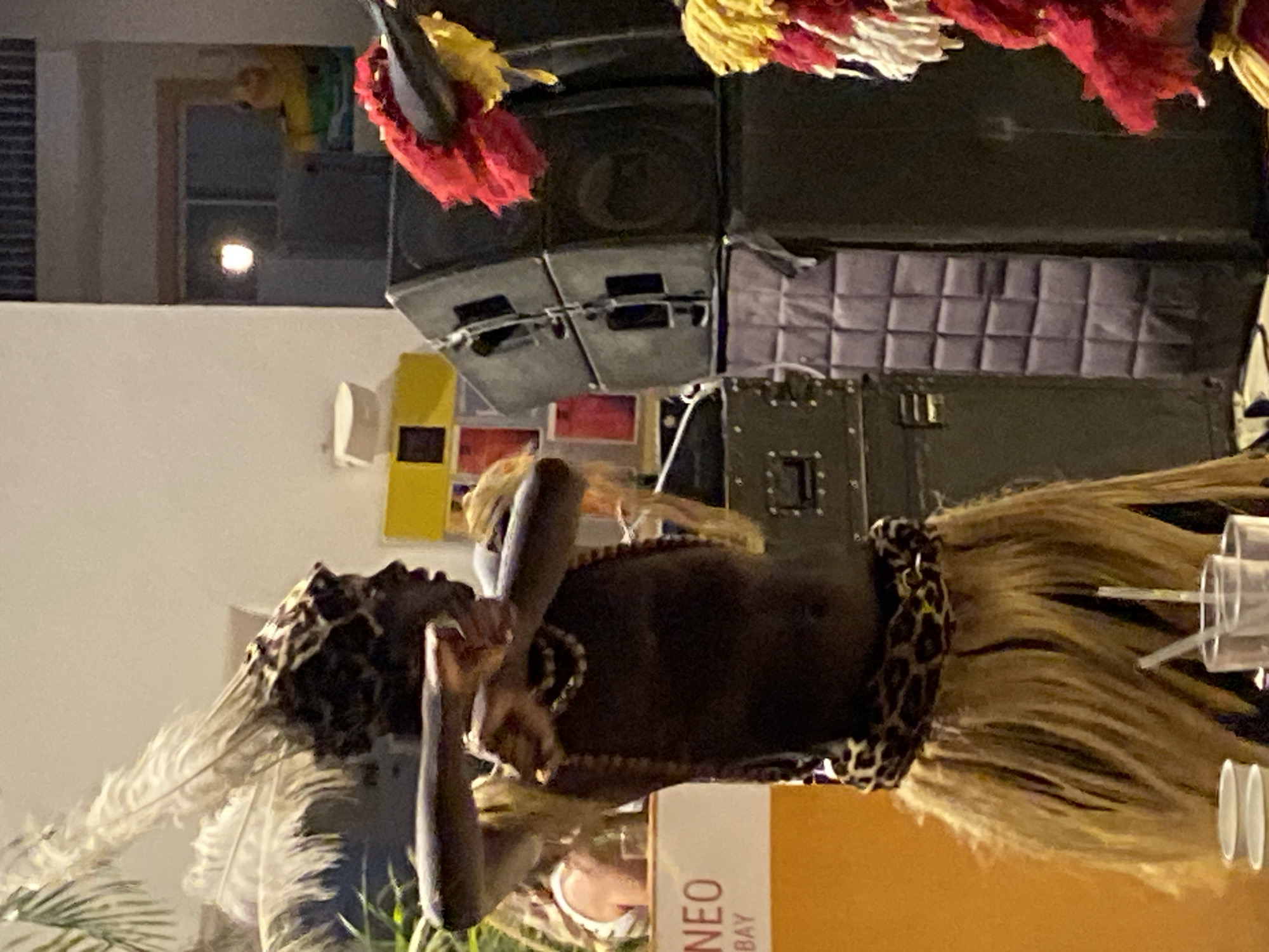 The image depicts a cultural performance in Sharm El Sheikh, Egypt. A performer, likely a dancer, is dressed in traditional attire. This includes a leopard-print headband adorned with large feathers, a leopard-print sash around the waist, and a long, fringed grass skirt. The performer wears a beaded necklace and has dark skin. Their arms are bent at the elbows and raised, suggesting they are in the midst of a dance.
In the background, several elements suggest a performance venue or outdoor event space. To the left, a sign reads "NEO BAY", indicating a specific location or establishment. Behind the performer, there are stacks of large black speakers, common at live events. A person with blonde hair and a white top is visible in the background, further to the left, possibly an audience member or another participant. To the right, another performer or part of the costume is visible, featuring vibrant red and yellow fringe. The overall lighting suggests it might be evening or nighttime. The presence of tall plants and tropical foliage hints at the warm climate of Sharm El Sheikh.