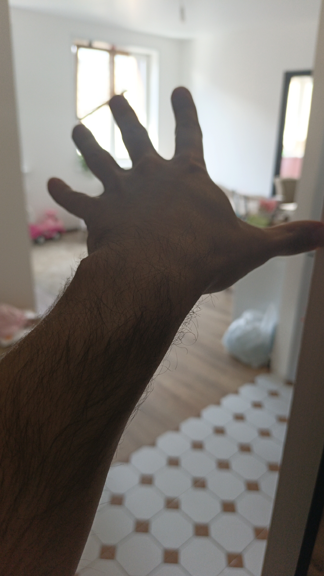 An over-the-shoulder shot captures a person's right hand and forearm reaching into view against a blurred interior background. The hand is open, with fingers spread. The forearm is covered in dark hair. The background shows a tiled floor and a window. The image does not contain any information to determine location in Balashikha, Russia.