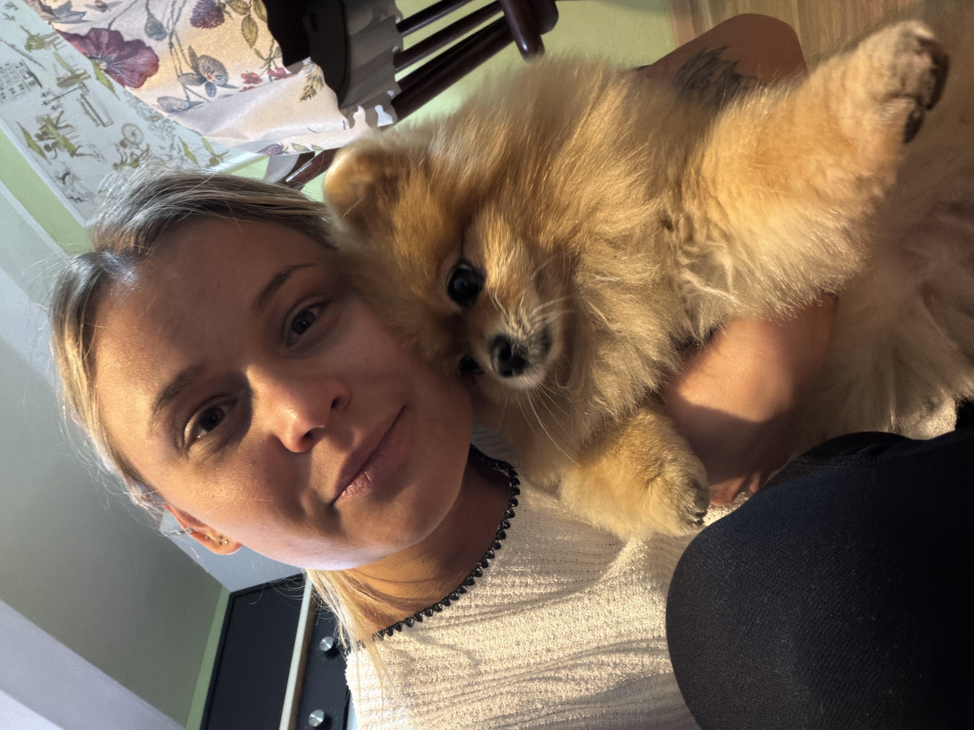 A woman is holding a Pomeranian dog close to her face. The woman has fair skin and blonde hair. She is wearing a white textured top with a dark trim around the neckline. She appears to be indoors. The dog is fluffy and light brown. The image seems to be taken at a close-up angle, possibly a selfie. There is a floral patterned fabric and a wooden chair in the background.
There is no clear indication that the image was taken in Sarapul, Russia.