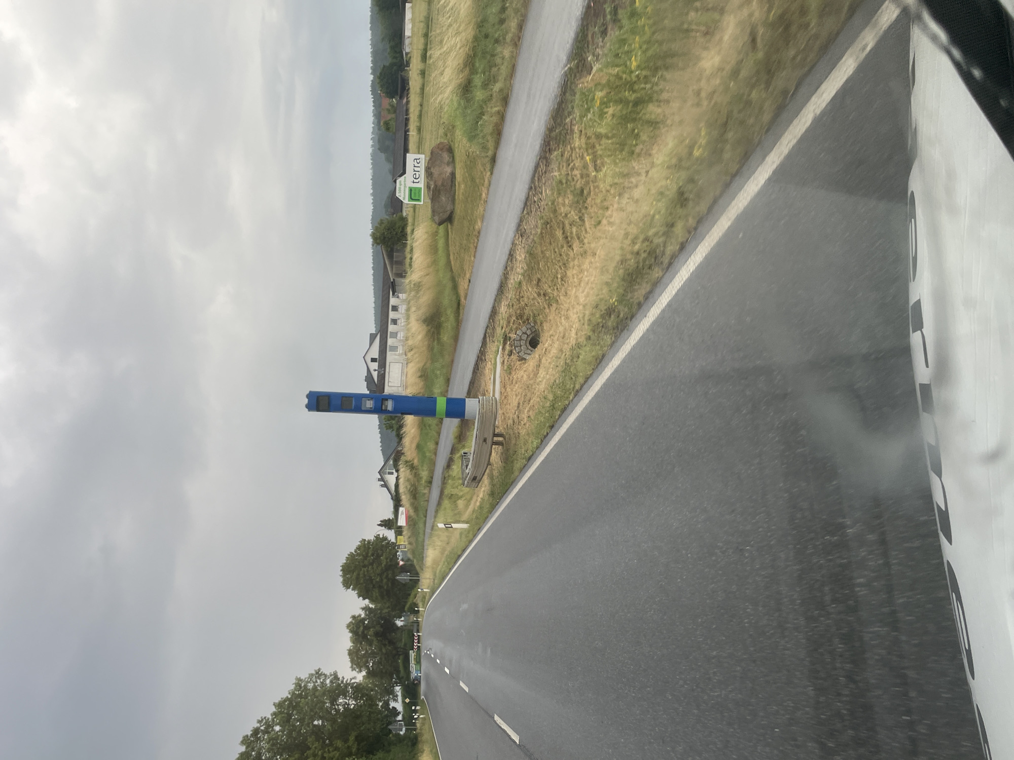 The image shows a wet, gray asphalt road in Wartenberg, Germany. The road is lined with white markers and a yellow line. On the right side of the road, there is a blue traffic camera with a green stripe. Beyond the camera is a grassy field with a large rock and a sign that reads "terra". In the background, there are buildings and trees. The sky is overcast with gray clouds. The image appears to be taken from a moving vehicle.
