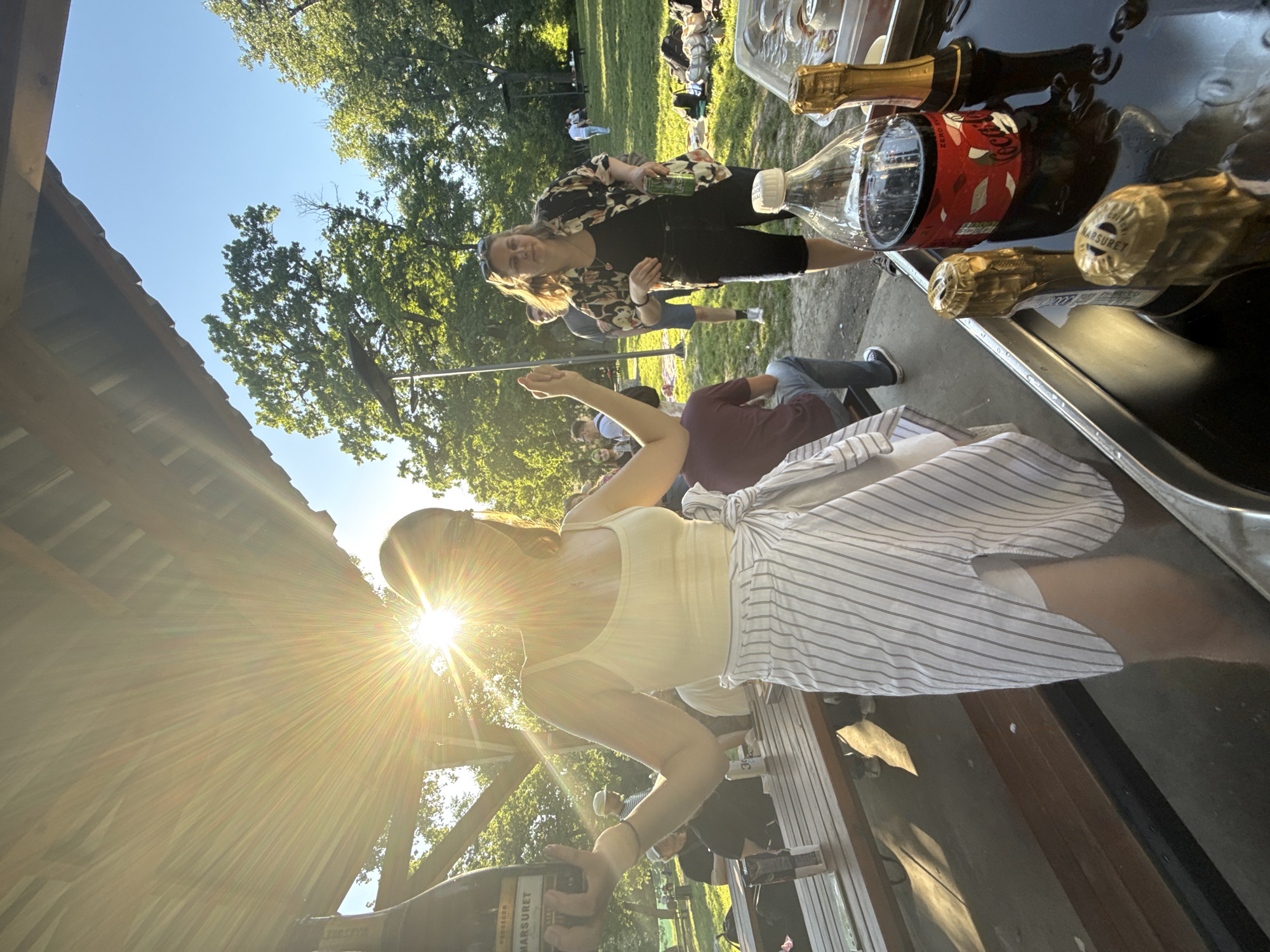 A sunny outdoor gathering is taking place in a park setting, likely in the city of Cukarica Urban Municipality, Serbia. The scene is captured from a tilted angle under what appears to be the roof of a park shelter. Several people are present, with a woman in a striped skirt and light-colored tank top at the forefront, holding up a bottle. Another woman, wearing a floral-patterned top and dark pants, stands behind her. A table near the edge of the frame is laden with bottles of alcohol and drinks. In the background, other people are visible, some sitting on the grass, enjoying the park. The sunlight shines brightly, creating lens flares.