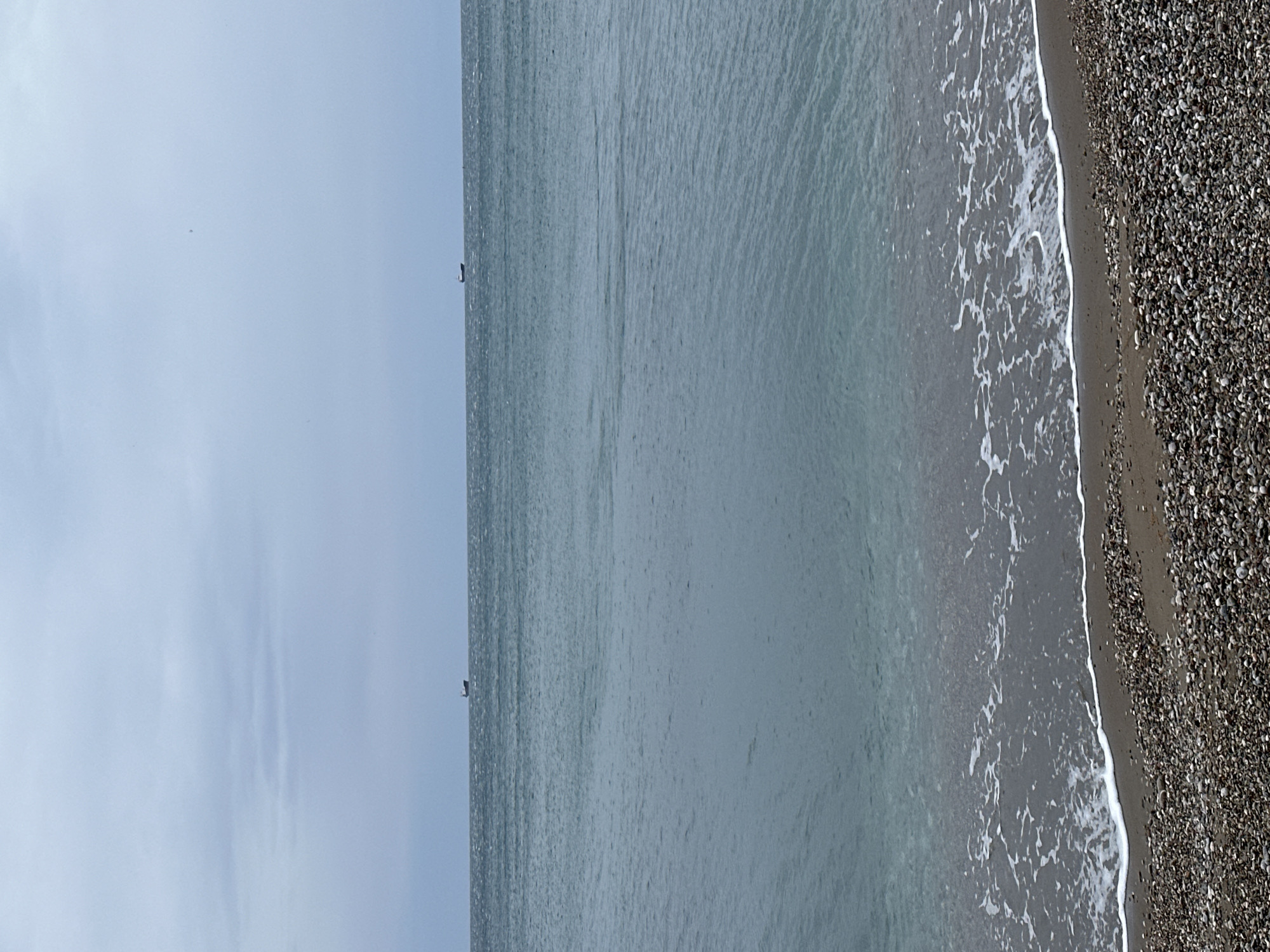 The image depicts a beach in Šušanj, Montenegro. The scene shows the shoreline where the sea meets a pebble beach. White waves are breaking on the shore. The sea is calm, stretching into the distance under an overcast sky. Two small structures are visible in the water.