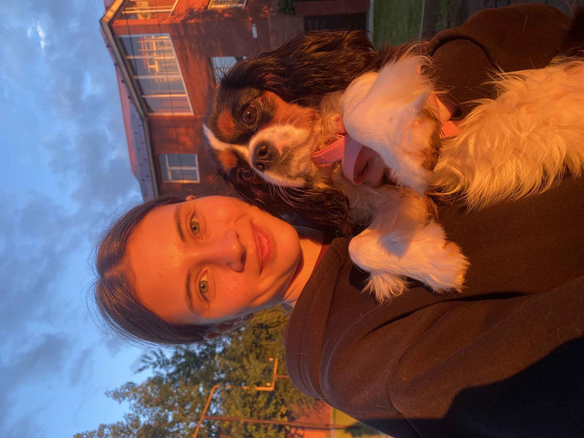 A woman with fair skin and brown hair is holding a Cavalier King Charles Spaniel dog. The dog has black, white, and brown fur and a pink collar. They are outdoors in Votkinsk, Russia, with a brick building and trees visible in the background. The sky is visible, with blue and cloudy portions. The light suggests it is dusk or dawn.