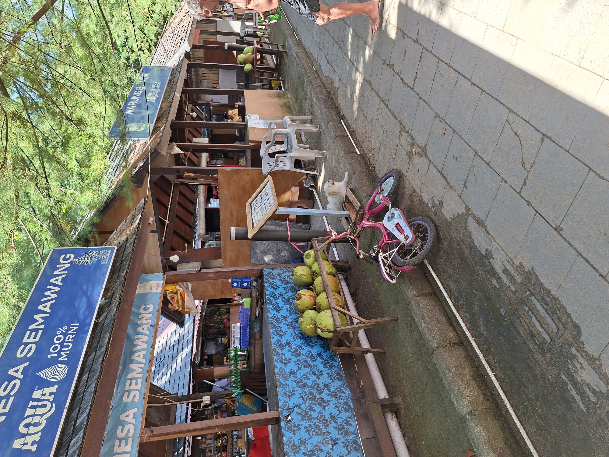 Captured at an oblique angle, the scene presents a bustling street scene in Denpasar, Indonesia, featuring a row of small shops. The storefronts showcase signage in Indonesian script, bearing familiar names like "AQUA" and "WARUNG BIMOVI," suggesting the availability of local products. A variety of items, ranging from coconuts to beverages, are displayed prominently. A child's bicycle rests near the shops, adding a touch of everyday life to the scene. An individual's legs are visible at the top of the frame, likely a pedestrian walking by. The shops are constructed with a mix of wood and tile, and the presence of green foliage suggests a tropical setting.