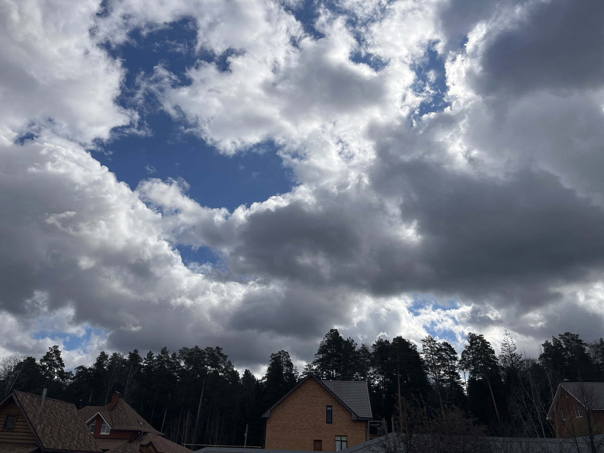 The image presents a dramatic daytime landscape scene in Chaikovsky, Russia, characterized by a dynamic sky above a semi-forested residential area. The majority of the frame is filled with an expansive sky dominated by large, textured cumulus clouds. These clouds display a wide range of tones, from brilliant, sunlit white to deep, heavy grey and dark charcoal, suggesting significant depth and volume. Several irregular patches of clear, deep blue sky are visible between the cloud formations, notably a prominent one in the upper left quadrant and smaller areas scattered throughout.
Below the cloudscape, the lower third of the image features residential houses situated at the edge of a dense forest. On the left, a part of a log cabin-style house with a dark brown shingled roof is visible. Towards the center, a brick house with a dark grey tiled roof, a chimney, and a few windows is clearly seen. To the far right, a small portion of another house is also present. Behind these structures, a thick band of tall, dark evergreen trees, primarily pines, forms a dense and somewhat shadowed backdrop, extending across the horizon. Some leafless deciduous trees are also interspersed among the evergreens.
The weather appears dynamic, with heavy clouds suggesting a possible recent rainfall or impending change, yet the visible blue sky patches indicate moments of clearing. The strong contrast between the bright and dark clouds creates a powerful and evocative atmosphere. No people or visible text are present in the image. The scene captures a peaceful, natural setting with architectural elements under a vast and expressive sky.