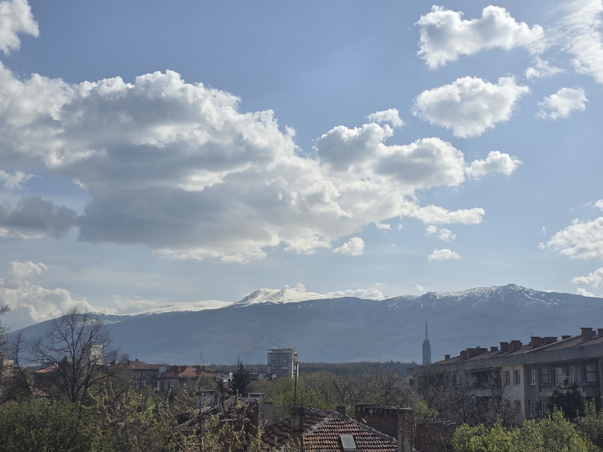 This panoramic image captures a daytime view of the city of Sofia, Bulgaria, set against the majestic backdrop of a snow-capped mountain range, likely Vitosha Mountain.
The upper portion of the frame is dominated by a bright blue sky dotted with scattered cumulus clouds of varying sizes and densities. Some clouds are large and billowy, displaying shades of white and grey, suggesting depth and a partly cloudy weather condition. The sun is shining, casting soft shadows and highlighting the whiteness of the clouds.
Below the sky, the imposing mountain range stretches across the horizon, its peaks covered in a significant layer of white snow, indicating either late winter or early spring. The lower slopes of the mountains appear darker, suggesting forested areas or less snow cover.
In the mid-ground and foreground, the cityscape unfolds. Numerous residential buildings with red-tiled roofs and some with flat grey roofs are visible, interspersed with trees. Many of these trees are deciduous, showing bare branches or just beginning to bud with early spring foliage. A few taller, more modern buildings are scattered among the older structures. A prominent, slender communications or TV tower (likely Kopitoto TV Tower) rises distinctly from behind the city buildings on the right side, piercing the skyline against the mountain backdrop.
There is no discernible human activity taking place, and no visible text is present in the image. The scene conveys a peaceful urban landscape with a strong connection to nature. The time of day appears to be bright daylight, with clear weather conditions despite the presence of clouds.