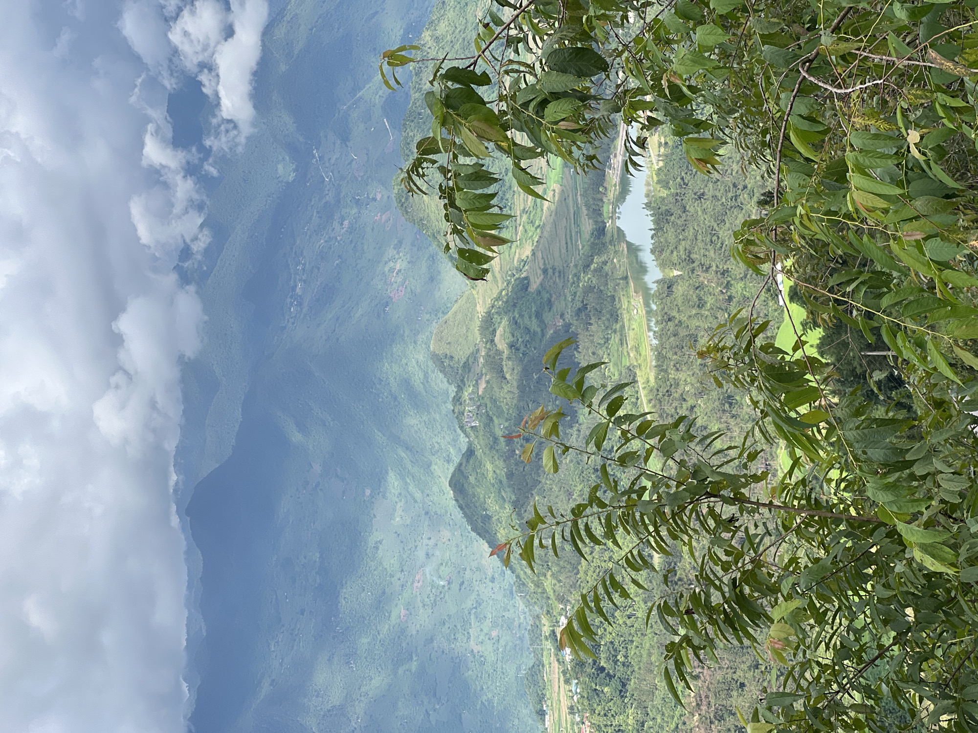 The image captures a lush, mountainous landscape in Quản Bạ Commune, Vietnam. In the foreground, branches of a tree with vibrant green leaves, some tinged with red, partially obscure the view. Beyond the foliage, rolling hills covered in dense vegetation stretch into the distance. A tranquil lake or reservoir is visible in the mid-ground, reflecting the overcast sky. Further back, layers of misty mountains recede, their peaks partially shrouded by clouds. The scene suggests a serene, natural environment, likely a rural or undeveloped area. There are no people or specific man-made structures immediately discernible in the central portion of the image, although some distant hints of human settlement, such as small buildings and terraced fields, can be observed on the hillsides.
