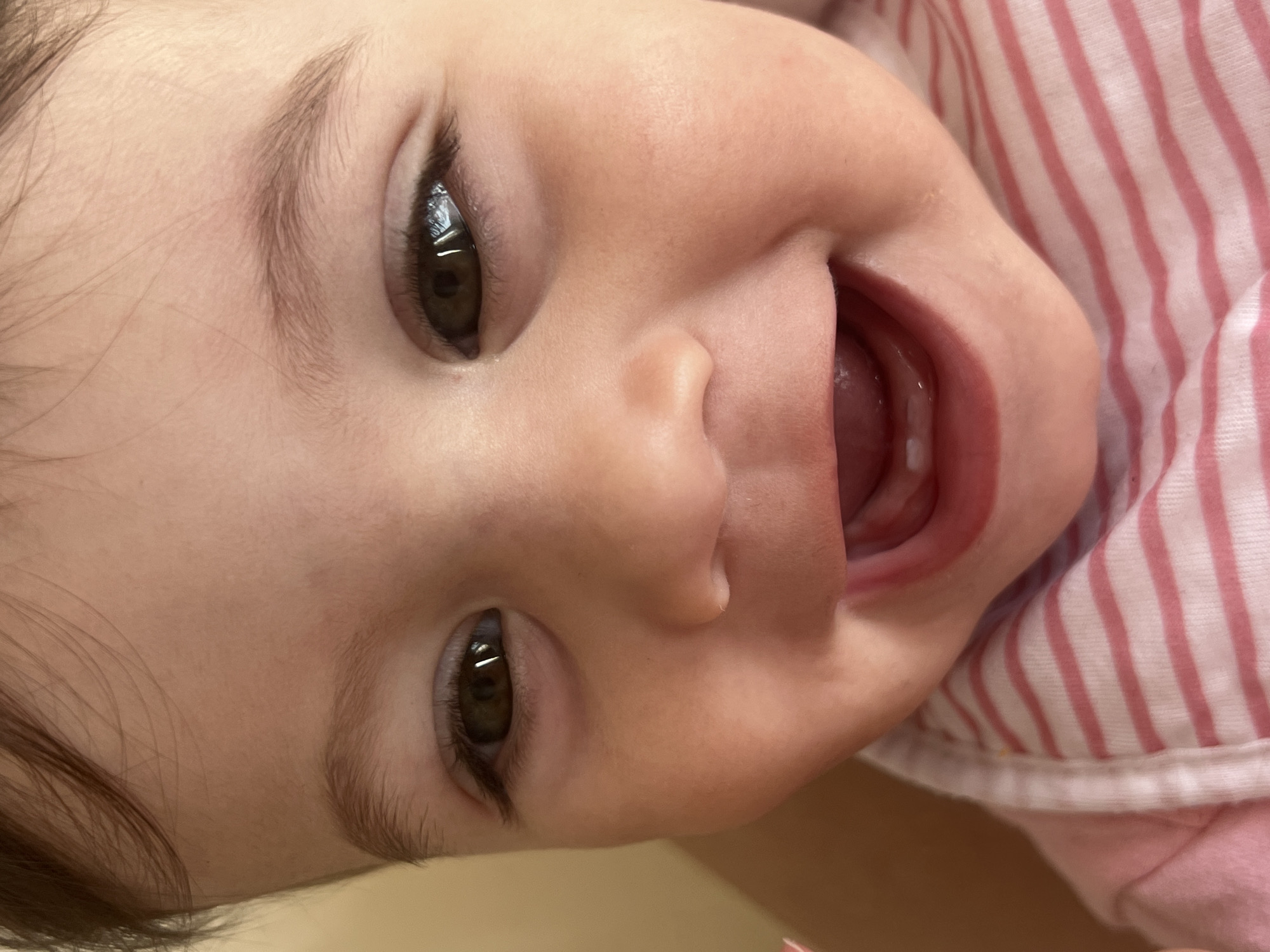 A close-up, slightly angled portrait shows a baby lying on their back. The baby has fair skin, dark brown hair, and dark brown eyes. The baby is smiling widely, showing their gums and one visible tooth. They are wearing a pink and white striped garment. The background is indistinct and blurred. The location in the city of Elena, Bulgaria is not evident from this image.