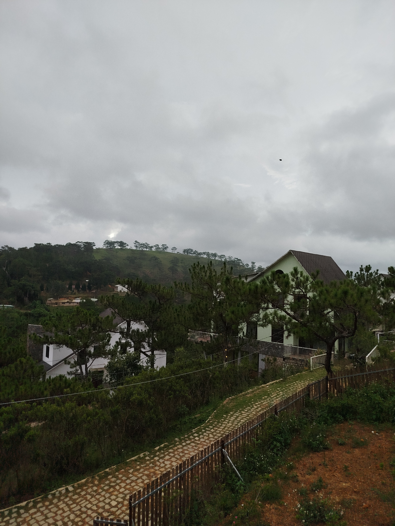 This is a scenic view in Lạc Dương, Vietnam, under a cloudy sky. A stone pathway, bordered by a wooden fence, leads the viewer's eye into the scene. Lush green vegetation, including pine trees, surrounds buildings in the middle ground. One building is painted light green with a dark roof, while another is white. In the background, a green hill dotted with pine trees is visible. A small, dark object, possibly a bird, is flying in the sky. The foreground consists of red soil and more vegetation.