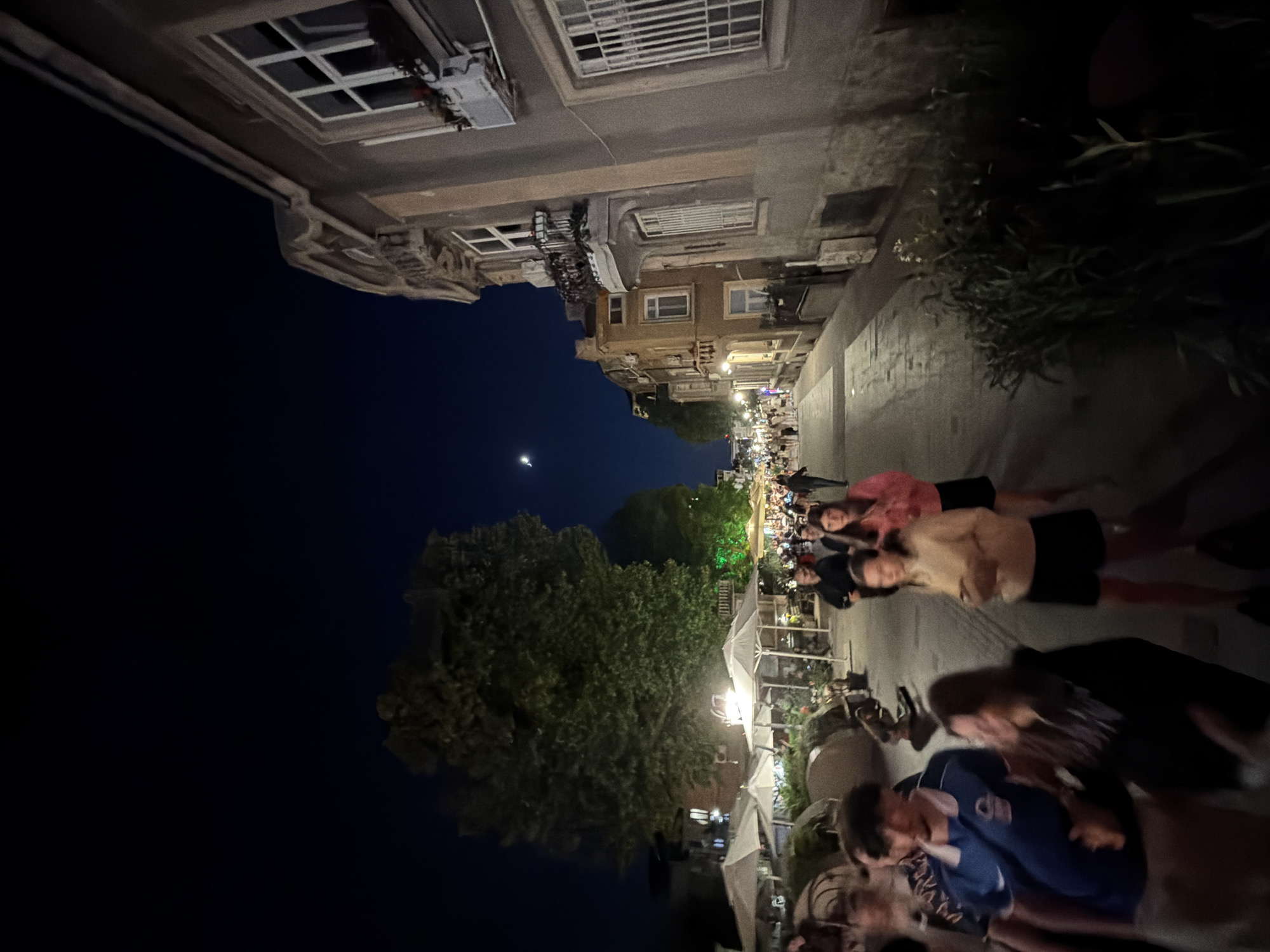 The image captures a nighttime scene on a street in Burgas, Bulgaria, likely a pedestrian area with outdoor dining establishments. The sky is a deep navy blue with a sliver of the moon visible. On the right, a multi-story building with traditional architecture dominates the frame, featuring visible windows, some with bars, and decorative elements. The street itself is paved and illuminated by streetlights and the lights from the buildings and establishments.
Several people are walking along the street, appearing to be a mix of locals and tourists. Some individuals are in the foreground, their features partially obscured by motion blur, indicating movement and activity. A group of people are walking in a procession down the street, with many looking towards the camera or engaging in conversation. Outdoor seating areas with umbrellas and lighting are set up along the left side of the street, suggesting a lively atmosphere with cafes or restaurants. Large trees with dense foliage are also present, adding to the urban greenery. The overall impression is of a vibrant evening street scene in a European city.