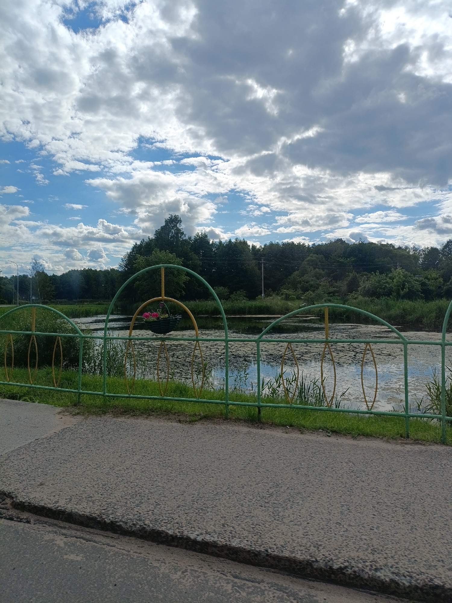 This is a photograph of a park scene with a body of water in the background. The foreground features a grey asphalt path that appears to be slightly broken or uneven at the edge. A green metal fence with arched sections and yellow accents runs horizontally across the frame, separating the path from the water. Hanging from one of the arches is a black basket containing pink flowers.
Beyond the fence, a calm body of water is visible, partially covered with lily pads or similar aquatic vegetation. The water reflects the sky and the surrounding trees. The background is dominated by a dense line of green trees and foliage. The sky is filled with a mix of white and grey clouds, suggesting partly cloudy weather. The lighting indicates it is daytime, likely late morning or afternoon, given the brightness of the sky. There is no visible text in the image. The overall impression is one of a serene, natural setting, possibly a park or a riverside area.