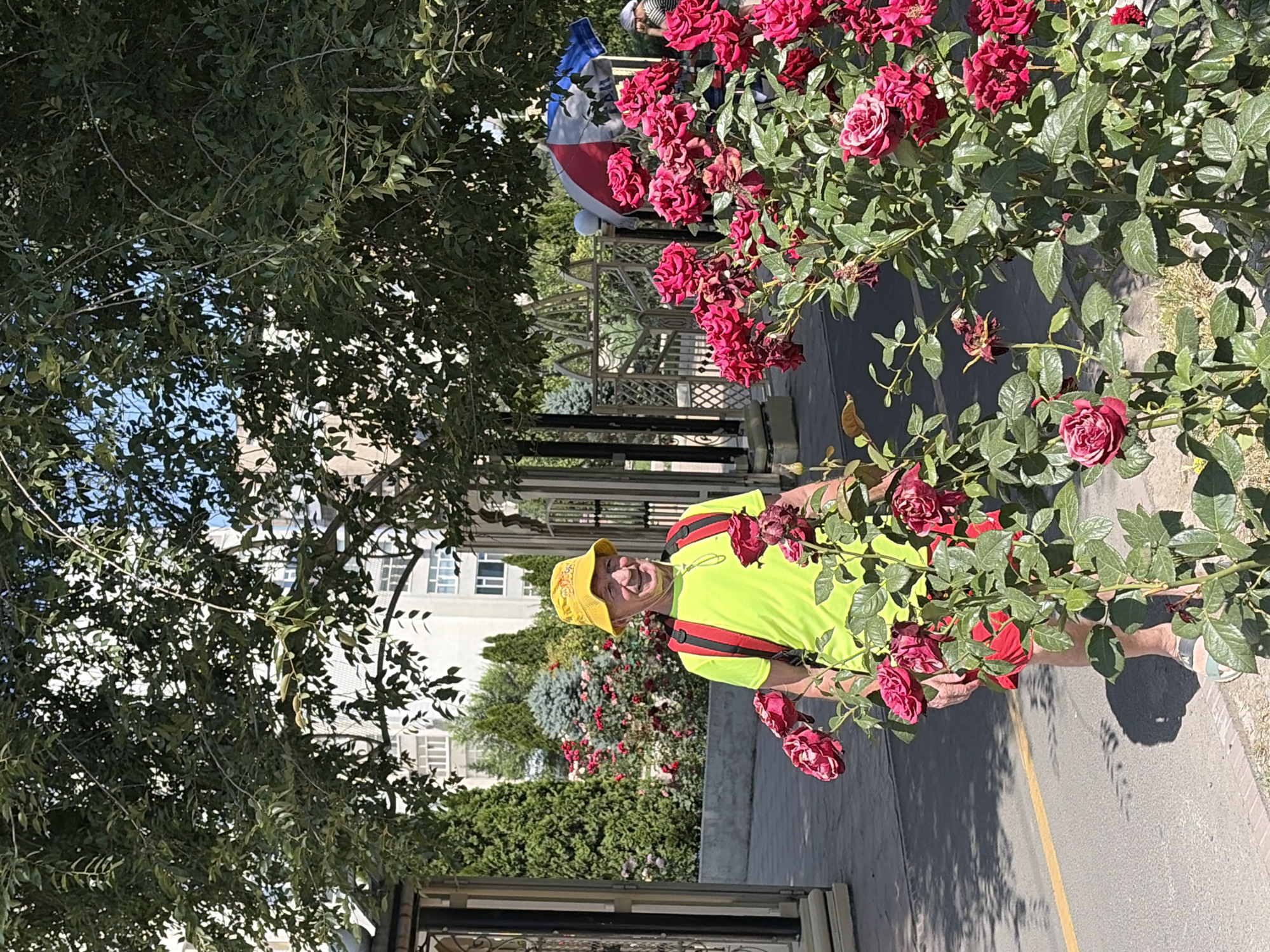 A middle-aged Caucasian man stands in front of a rose garden. He is wearing a bright yellow bucket hat, a neon yellow t-shirt, and red shorts. He has a red backpack with black straps over his shoulders. The man is smiling and looking at the camera. The rose garden is filled with dark red roses and lush green leaves. In the background, there is a building and a decorative metal gate. The scene appears to be outdoors in a city.