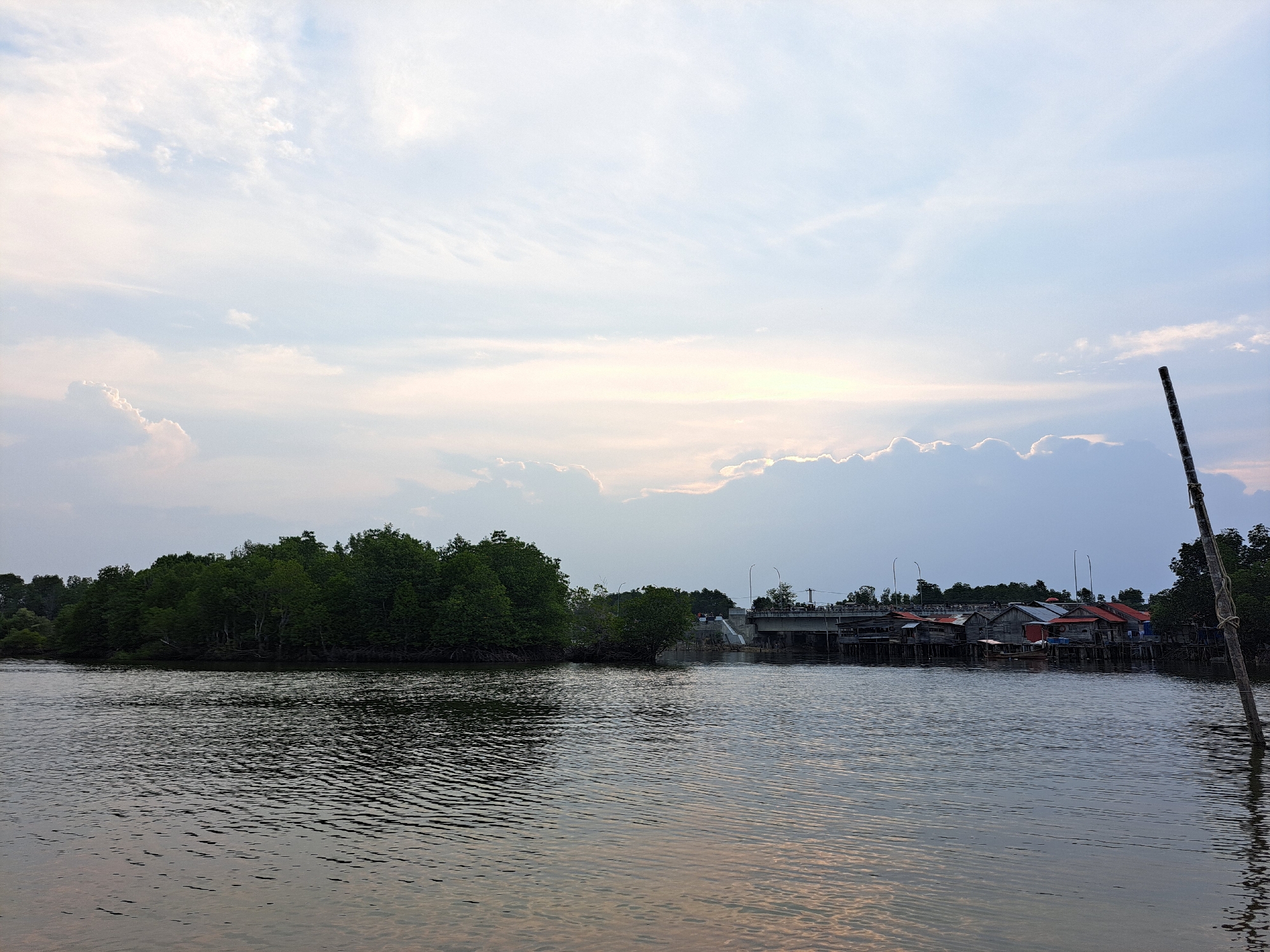 The image depicts a wide, calm river flowing through a natural environment adjacent to a small village. On the left bank of the river, a dense cluster of lush green trees, likely mangroves, forms a natural barrier. In the middle distance, a bridge spans the river, connecting the two banks. On the right bank, a collection of stilted houses, constructed with weathered wood and topped with corrugated metal roofs in various shades of red and gray, lines the shore. The houses appear to be situated close together, suggesting a close-knit community. A narrow boat is visible moored near the houses. In the foreground, the river's surface reflects the soft, diffused light of an overcast sky, with gentle ripples disturbing the water. The sky itself is a canvas of pale blues and whites, with wispy clouds scattered across it, hinting at either dawn or dusk. A tall, weathered wooden pole stands vertically on the far right edge of the image, secured by ropes, possibly a marker or part of a rudimentary structure. The overall atmosphere is serene and tranquil. This scene is characteristic of the coastal areas and riverine communities found in and around Langsa, Aceh, Indonesia, where such stilted dwellings and mangrove ecosystems are common.