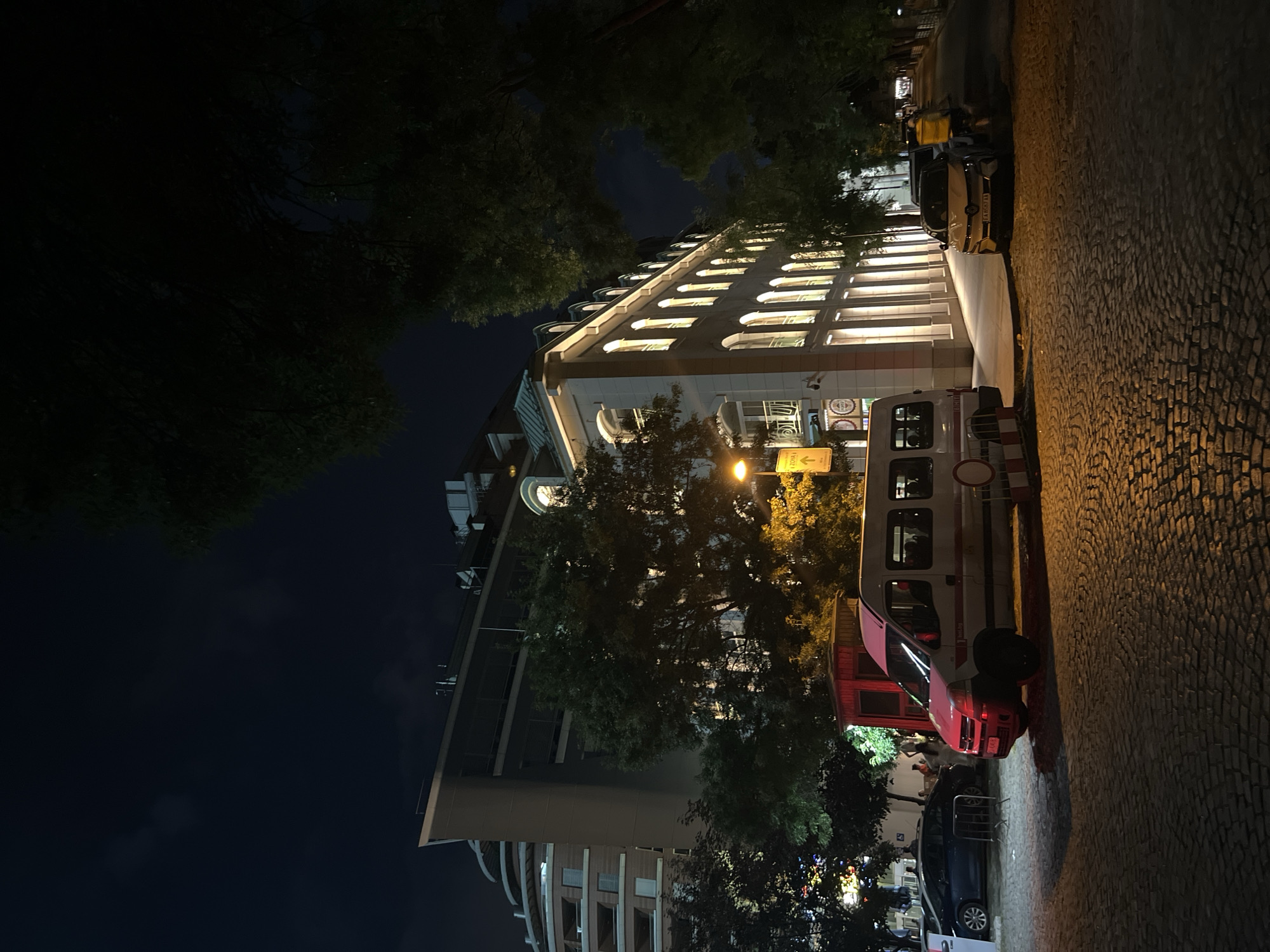 The image depicts a night scene on a cobblestone street in Sofia, Bulgaria, likely near the city center. A white commercial van is parked on the right side of the street, its hazard lights activated. In front of the van, a red structure, possibly a kiosk or booth, is visible. To the right of the van, a white car is parked. The street is lined with a multi-story building illuminated by interior lights, showcasing arched windows on its upper floors. Trees with dense foliage are present on the left and right sides of the street, some of their branches extending over the road. In the background, another building with a curved facade and multiple balconies is partially visible on the left. The sky is dark, indicating nighttime. The overall atmosphere is that of an urban environment at night, with a focus on the street, vehicles, and buildings.