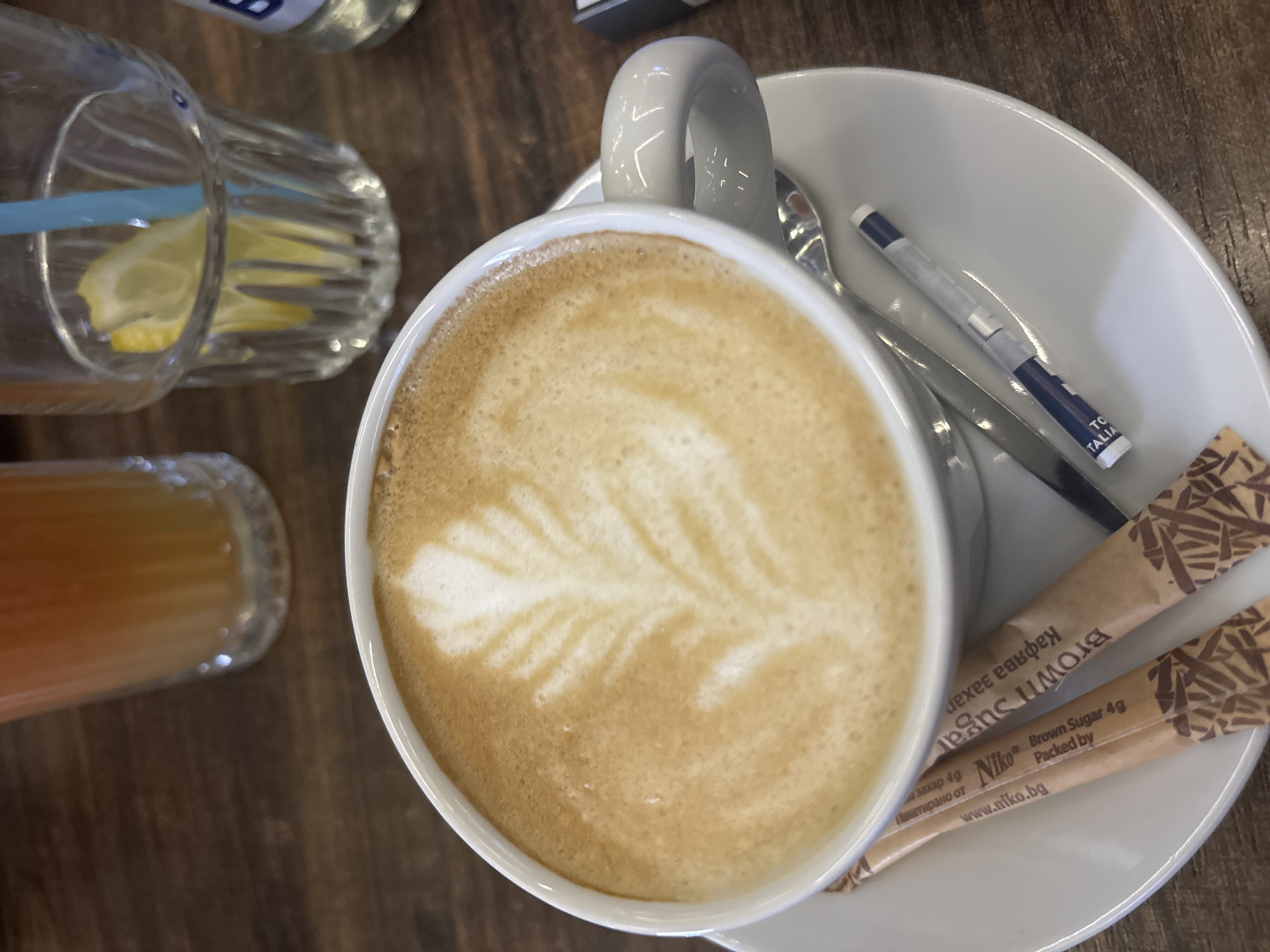 A high-angle, close-up shot captures a cappuccino adorned with latte art in the shape of a fern or leaf, served on a white saucer. The cup is accompanied by a small spoon, two packets of brown sugar with branding that includes the name "Niko" and the website "www.niko.bg", and a sealed toothpick. The sugar packet text reads "Brown Sugar 4g Packed by". The branding indicates the product is associated with Bulgaria. To the left of the cappuccino, there is a glass containing a pale yellow liquid, possibly juice or a mixed drink, with a blue straw and lemon slices visible. Also visible in the frame is another glass or bottle containing a clear liquid. The surface underneath appears to be wooden. The overall setting suggests a café or restaurant.