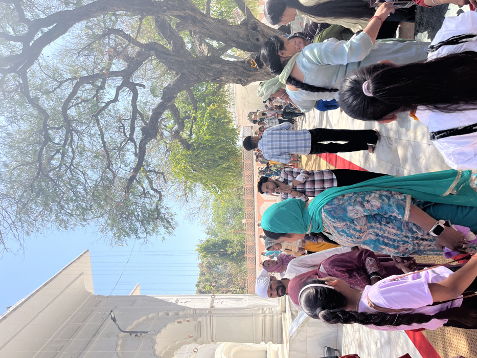 A group of people stand in a courtyard at the entrance of a religious building in Panchkula, India. The courtyard is paved with white marble and is surrounded by a low wall, which has a white railing along the top. A large tree with thick branches provides shade over the scene. The building is white with a pale pink trim and an ornate entrance, with a doorway that is partially visible to the left side of the image. It has a roof line with decorative metal strands hanging down. 
A red carpet leads up to the entrance of the building. The people in the scene are dressed in a variety of traditional clothing, including turbans, saris, and salwar kameez. Some are holding hands, others are praying, and others are chatting. One man wearing a plaid shirt and black pants stands near the front, while another man in a white turban and brown jacket stands a few feet behind him. A woman wearing a teal and green dupatta stands behind the man with the turban. 
At the back of the image, a small group of women is seated on the ground.  The sky is bright blue with no clouds. The scene is peaceful and serene, with a celebratory atmosphere.  The coordinates are 30.723 latitude and 76.859 longitude.
