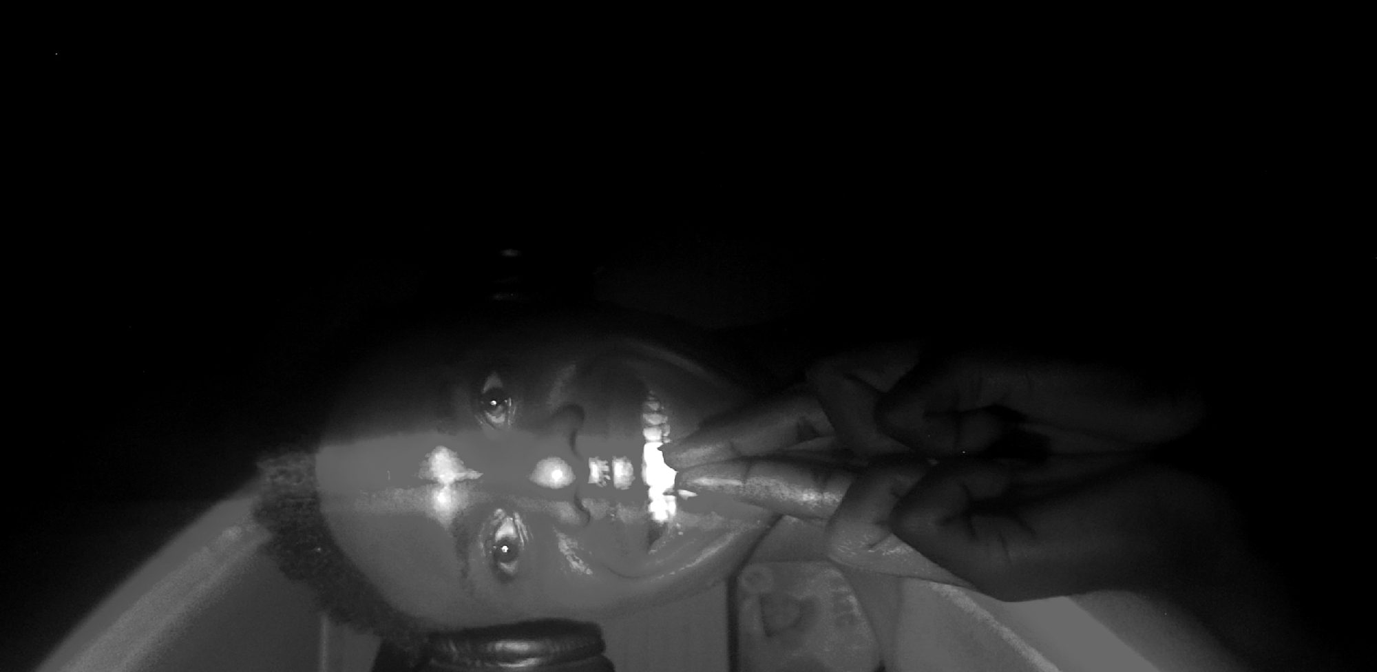A black and white, close-up, head-and-shoulders shot of a young Black person wearing headphones, with their face split by harsh lighting, creating a dramatic contrast. The left side of their face is illuminated, revealing wide eyes and a broad smile showing white teeth. Their hands are clasped in front of their mouth, with fingers intertwined and touching their chin. The right side of their face and the background are cast in deep shadow. The image appears to be a selfie taken in Narayi, Nigeria.