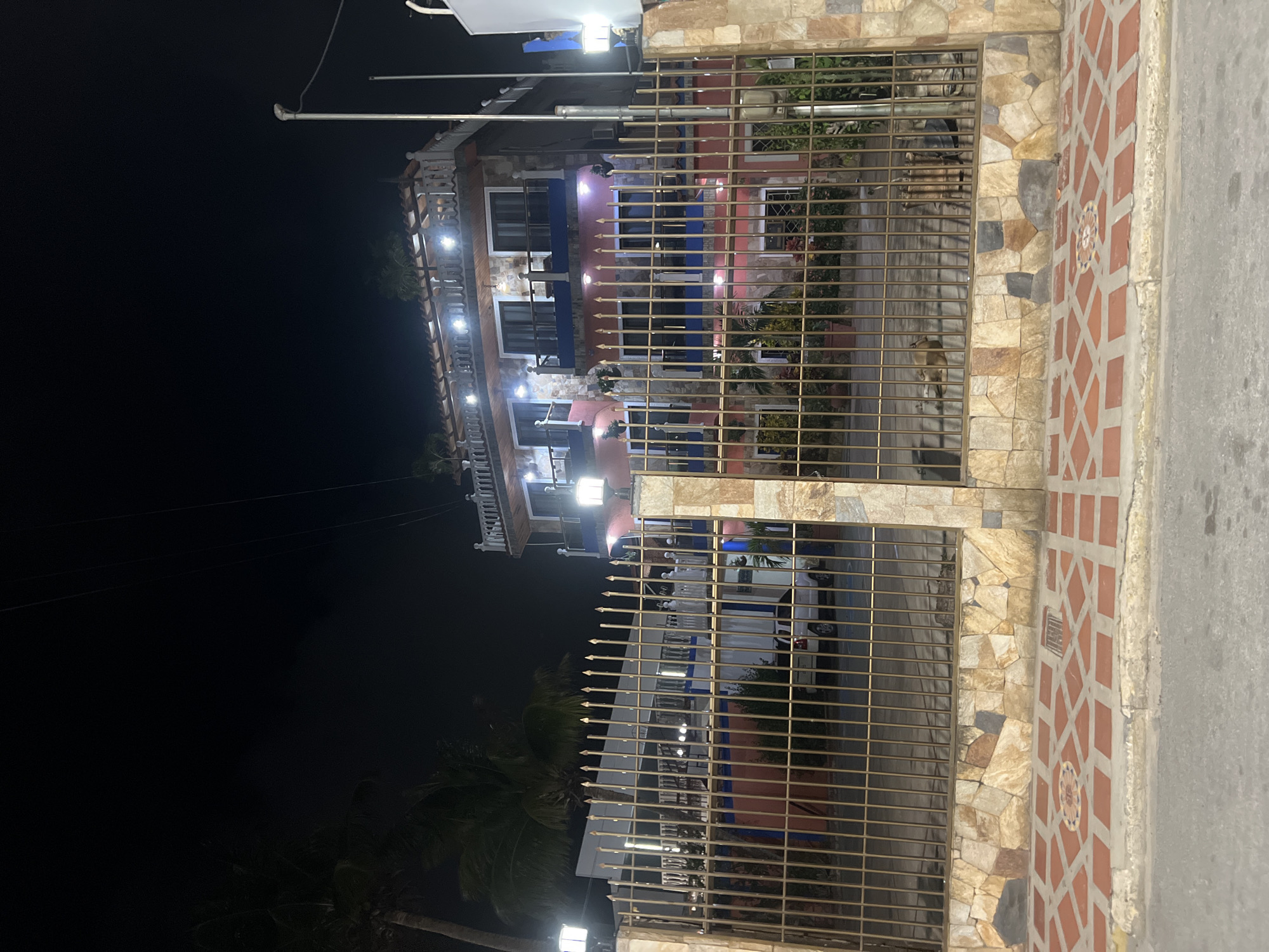 This image depicts a multi-story building at night in Juan Griego, Venezuela. The building features a light pink facade with blue accents on the upper floors and balconies. It is illuminated by numerous lights, including decorative lights on the roofline and porch lights on each level. A metal fence with a stone base stands in front of the building, separating it from a sidewalk paved with red and tan tiles, and then a street. A white van is visible parked inside the fenced area. Palm trees are present in the background. The sky is dark, indicating nighttime.