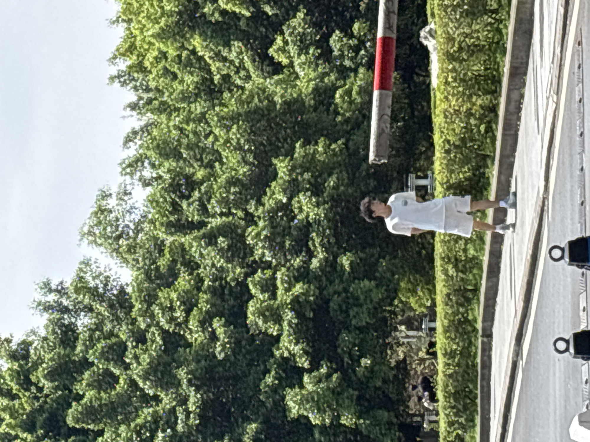The image depicts an outdoor scene featuring a young person standing on a paved path or road. The person, with dark hair, is dressed casually in a white short-sleeved t-shirt, white shorts, and light-colored sneakers with socks, and is looking towards the left side of the frame.
To their left and in the background, a dense expanse of vibrant green foliage, consisting of bushes and tall trees, fills a significant portion of the image. A thick, vertical pole, marked with alternating red and white bands, stands prominently between the green landscape and the paved area. The paved surface, featuring a distinct curb, runs along the right side of the image.
The lighting suggests it is daytime, likely a bright and clear day, given the illumination on the foliage and the partially visible light sky in the upper left corner. In the distant background, behind the main row of bushes, some blurry, indistinct shapes hint at further structures or features. On the far right edge of the frame, two partially visible black objects with circular elements, possibly security cameras or street fixtures, are present. No discernible text is visible in the image. The scene conveys a calm, everyday outdoor setting within Nan'an District, China.