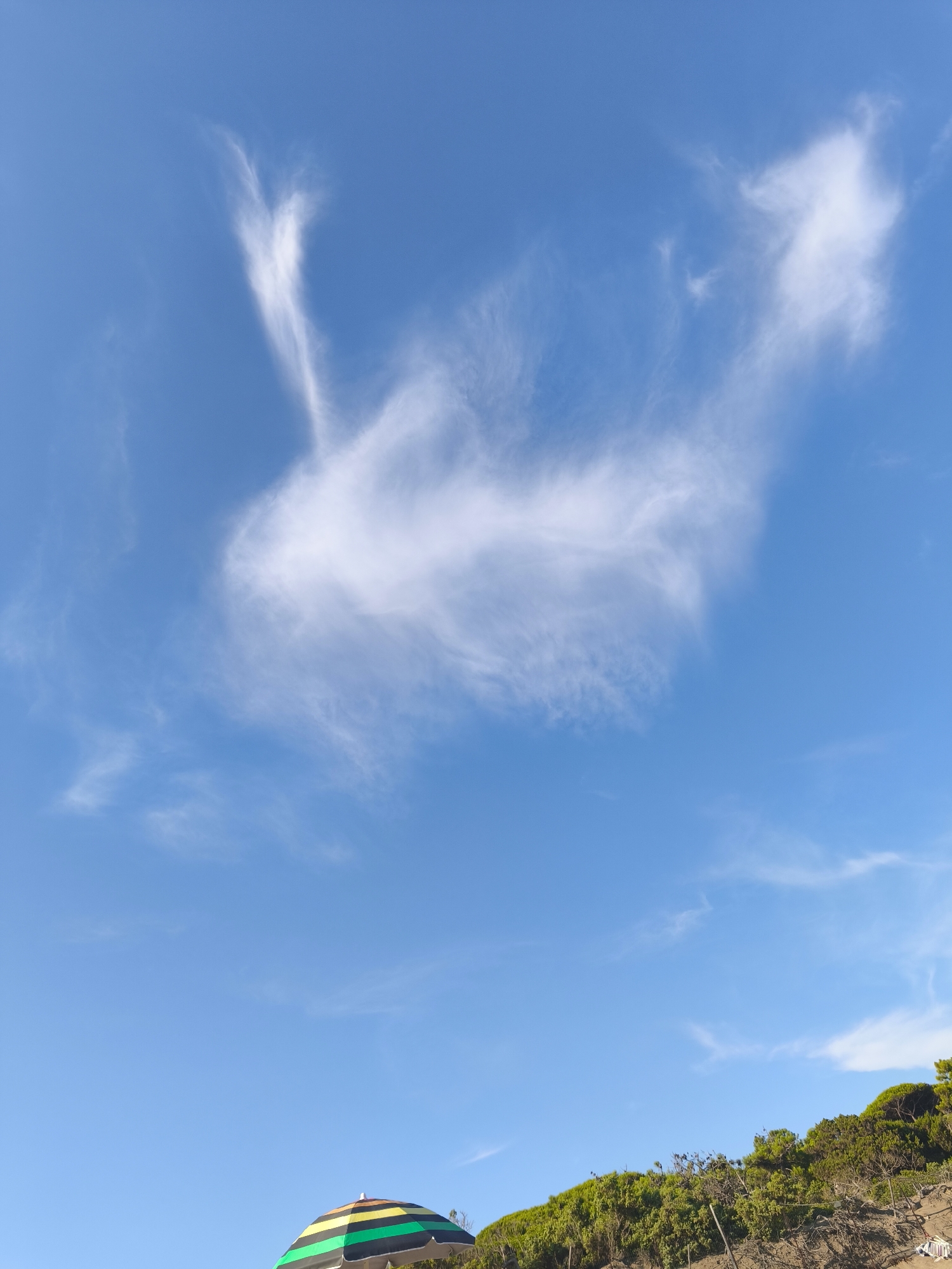 The image depicts a bright, clear blue sky with wispy white clouds, some of which vaguely resemble a swan. In the lower portion of the frame, a hillside covered in lush green vegetation slopes upwards. A beach umbrella with colorful stripes of green, yellow, orange, and black is partially visible in the bottom left corner, resting on the hillside. The scene suggests a location in or near Castiglione della Pescaia, Italy, likely a coastal area given the vegetation and implied open sky. No people or animals are discernable.
