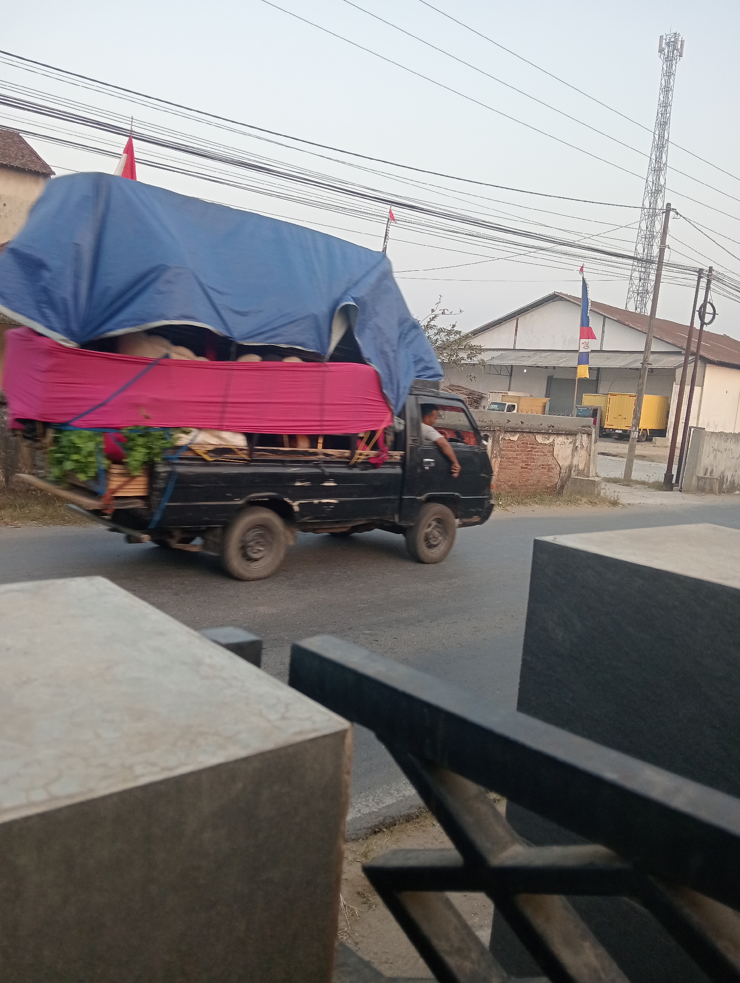 A black, utility pickup truck is driving down a paved road, laden with goods covered by a blue tarp and a pink fabric. A person is visible in the driver's seat, leaning out the window. The truck is transporting what appears to be produce, possibly vegetables, in the lower portion of the cargo bed, beneath the pink fabric. In the background, a white building with a brown roof is visible, and behind it, a tall telecommunications tower stands against a hazy sky. Several electrical wires are strung across the frame, indicating an urban or semi-urban setting. The scene appears to be located in Pringsewu, Indonesia, as suggested by the context. The foreground shows portions of concrete structures, possibly a bench or planter, and a dark metal railing, suggesting the vantage point is from a roadside seating area or a similar public space. The lighting suggests it is either early morning or late afternoon.