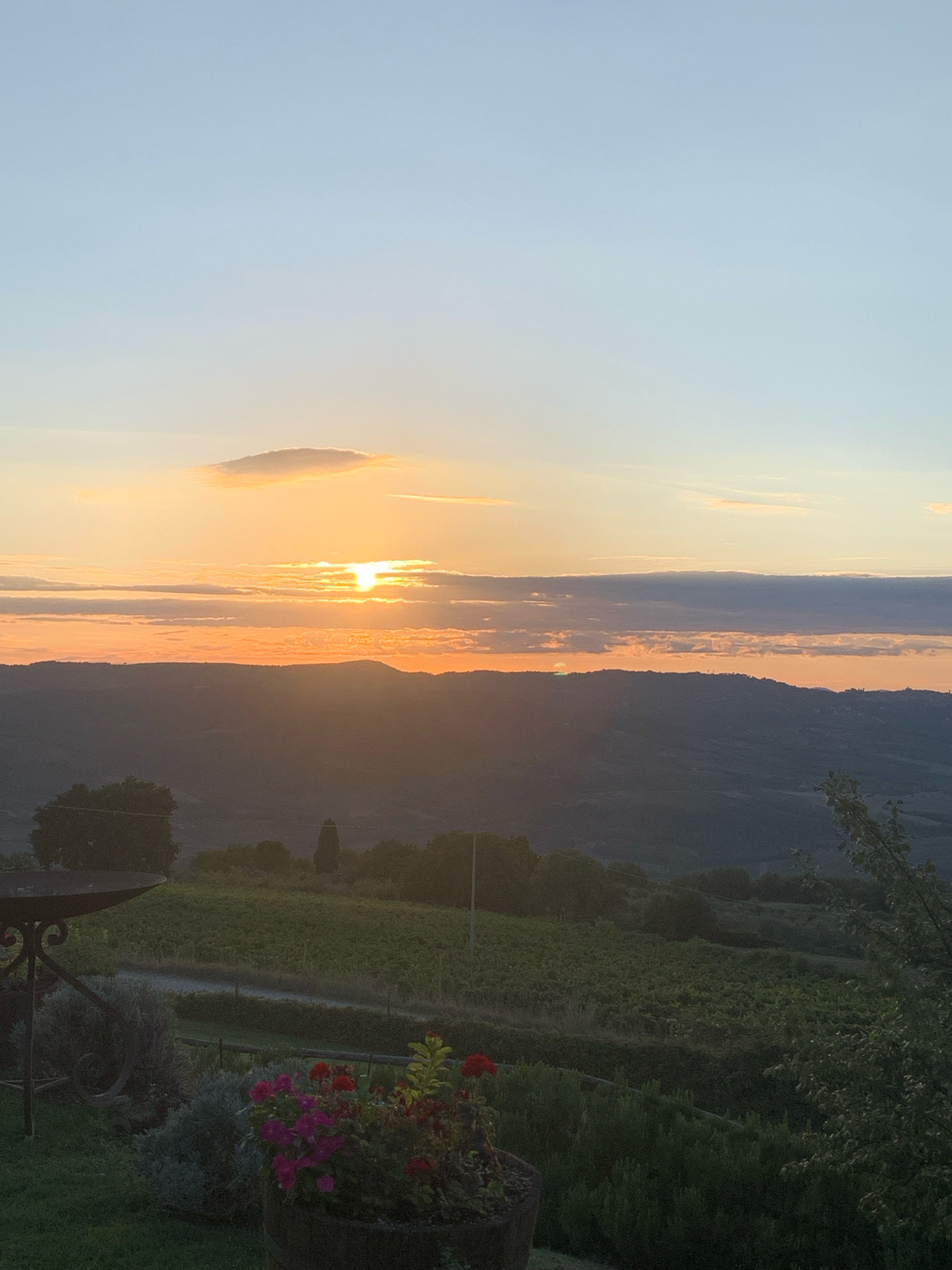 The image shows a sunset over the Tuscan countryside near Castiglione d'Orcia, Italy. The sky is a gradient of light blue and pale orange, with the sun partially obscured by clouds. Below the sky, rolling hills covered in vineyards stretch into the distance. In the foreground, a rustic metal fire pit sits to the left, next to a planter overflowing with red and pink flowers. Green grass and shrubs surround the planter.