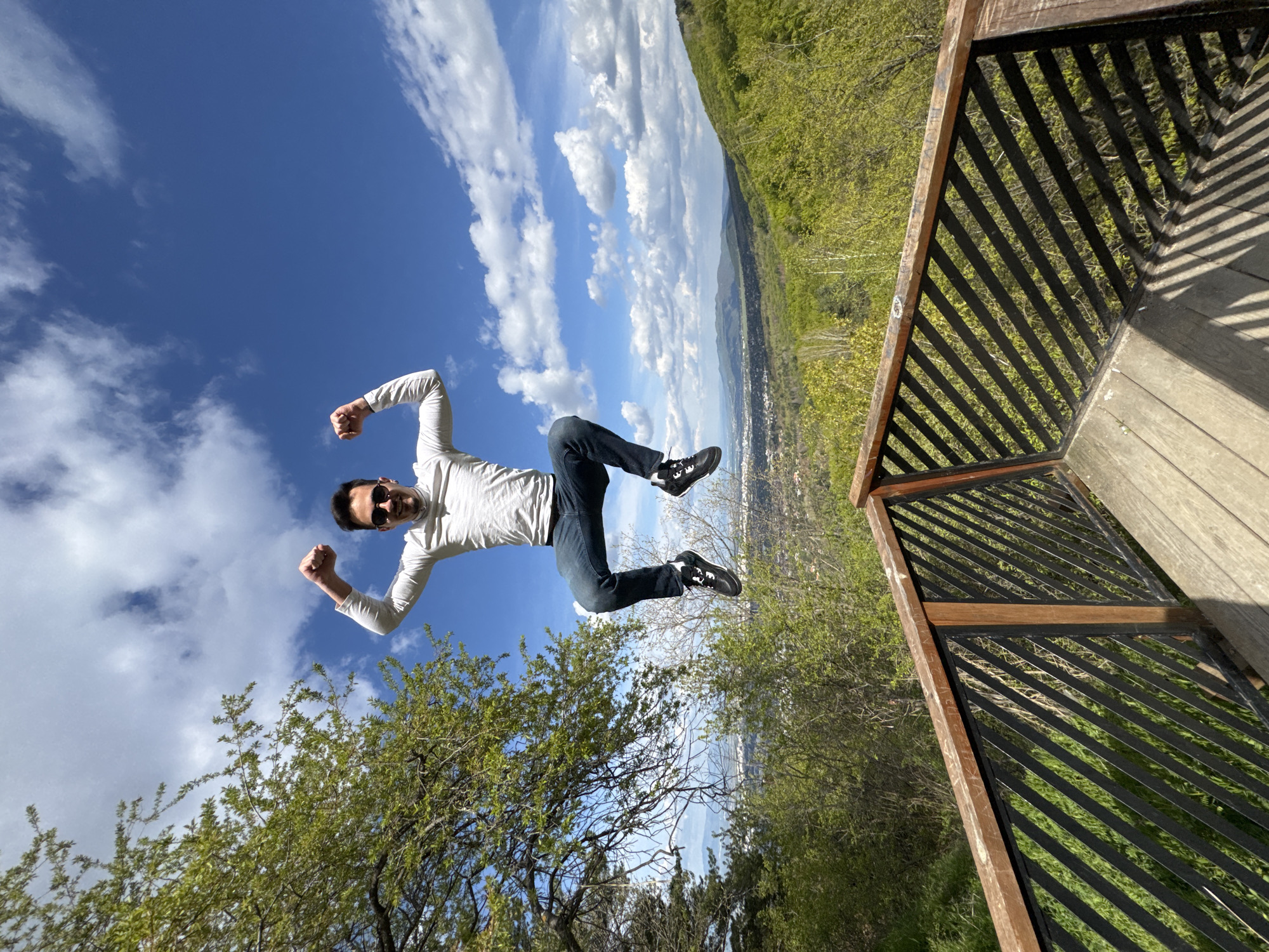 A man is captured mid-air against a backdrop of a partly cloudy sky and verdant landscape. He is wearing sunglasses, a long-sleeved light-colored shirt, and dark jeans with black sneakers, his arms raised with clenched fists in a celebratory or energetic pose. To the right of the frame, there's a wooden railing or fence structure. The background features a mix of green trees and vegetation, with glimpses of what seems to be a cityscape or town nestled in the distance, potentially indicating an elevated viewpoint overlooking an urban area. The composition suggests the photo was taken from a low angle, emphasizing the man's elevated position relative to the surrounding environment. The specific location in the city of Sofia, Bulgaria, cannot be definitively determined from the image alone.