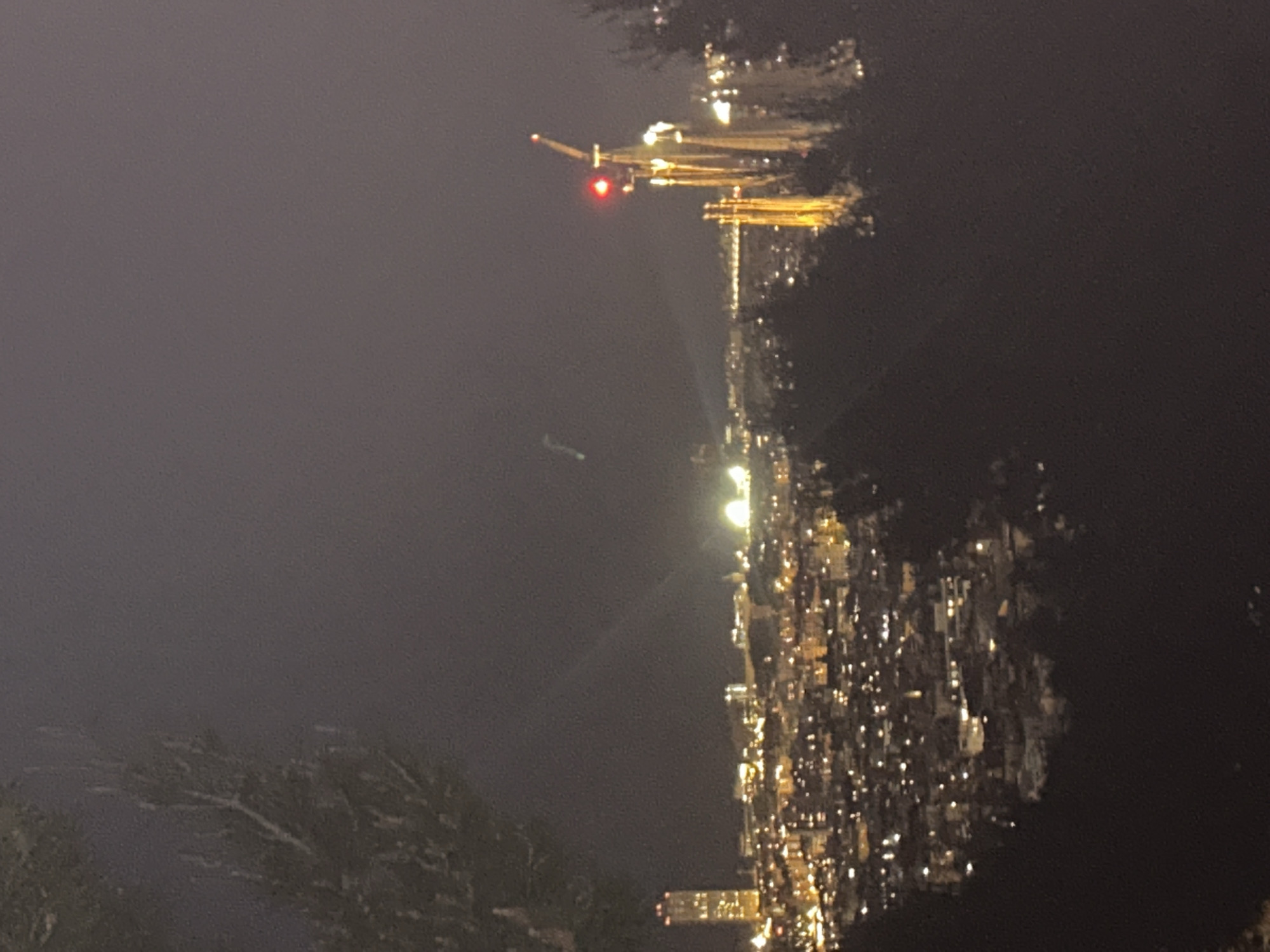 The image shows a nighttime view of Barcelona, Spain. The city lights illuminate the shoreline and extend into the urban landscape. A large crane with a red light is visible near the port area. The dark expanse of the sea is to the left of the city, and dark foliage suggests a hillside viewpoint in the lower left.