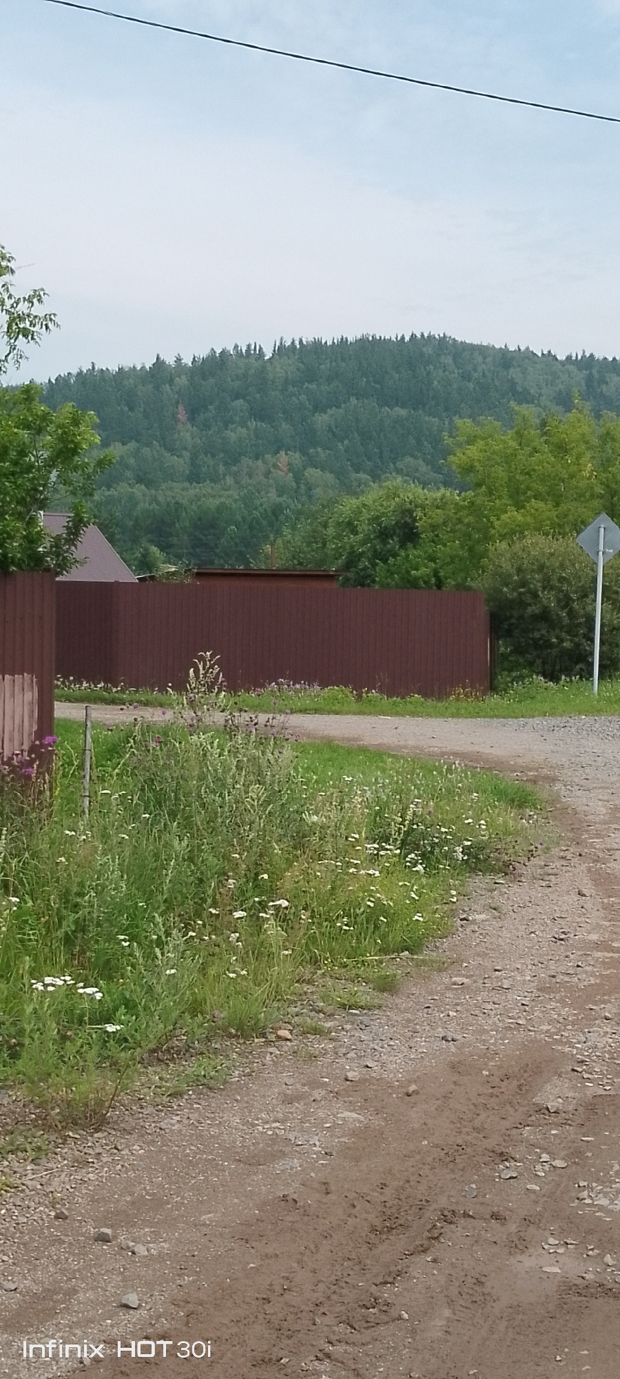 In a rural setting, a dirt road curves to the right in the foreground. On the left side of the road, a dense patch of green vegetation with scattered white wildflowers grows alongside a weathered brown fence. Beyond the fence, a brown roof of a building is visible, partially obscured by trees. A dark brown wooden fence stretches horizontally across the midground, separating the road and vegetation from a backdrop of lush green trees and a distant, tree-covered hill. The sky above is overcast with a pale blue hue. The image appears to be taken in the city of Kedrovy, Russia.