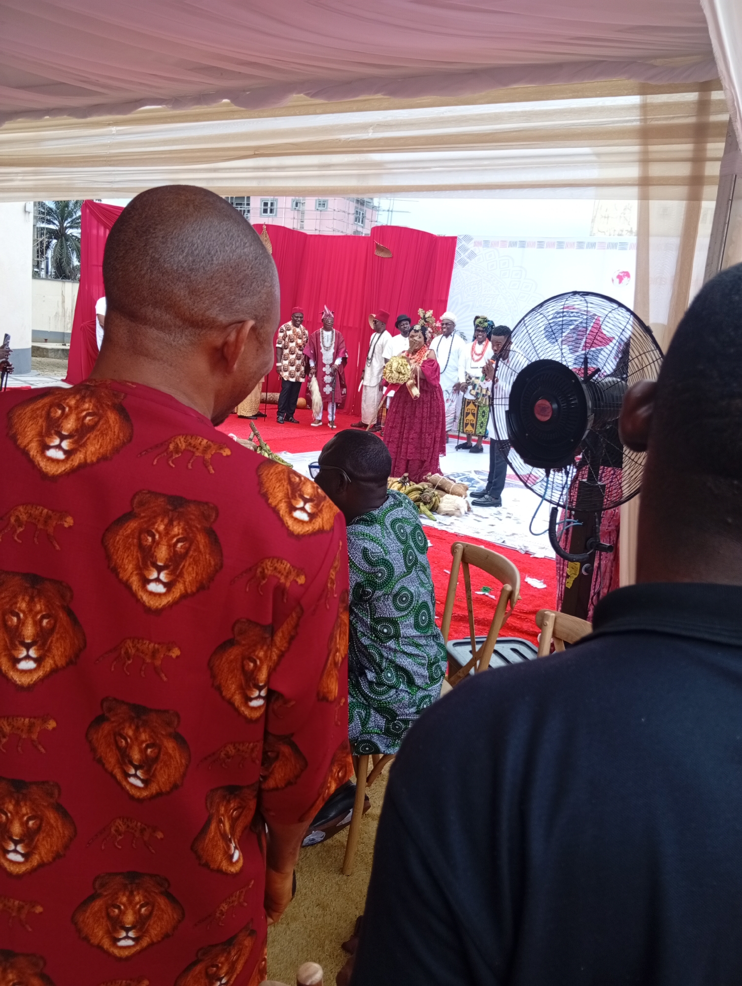 The image depicts a traditional Nigerian wedding in Rumuepirikom, Nigeria, viewed from the perspective of attendees. The central focus is a group of individuals dressed in traditional attire standing on a red carpet in front of a red and white patterned backdrop. A bride in red and gold is flanked by others in traditional clothing, including white garments with red accents and beaded necklaces. A man with a microphone stands near them. At the forefront are the backs of people watching the event, one wearing a red shirt with lion patterns and the other in a dark blue shirt. A table fan is visible near the right. In the background, a building is visible outside the tent, indicating an outdoor or semi-outdoor setting. Bananas and plantains are on the floor near the group.