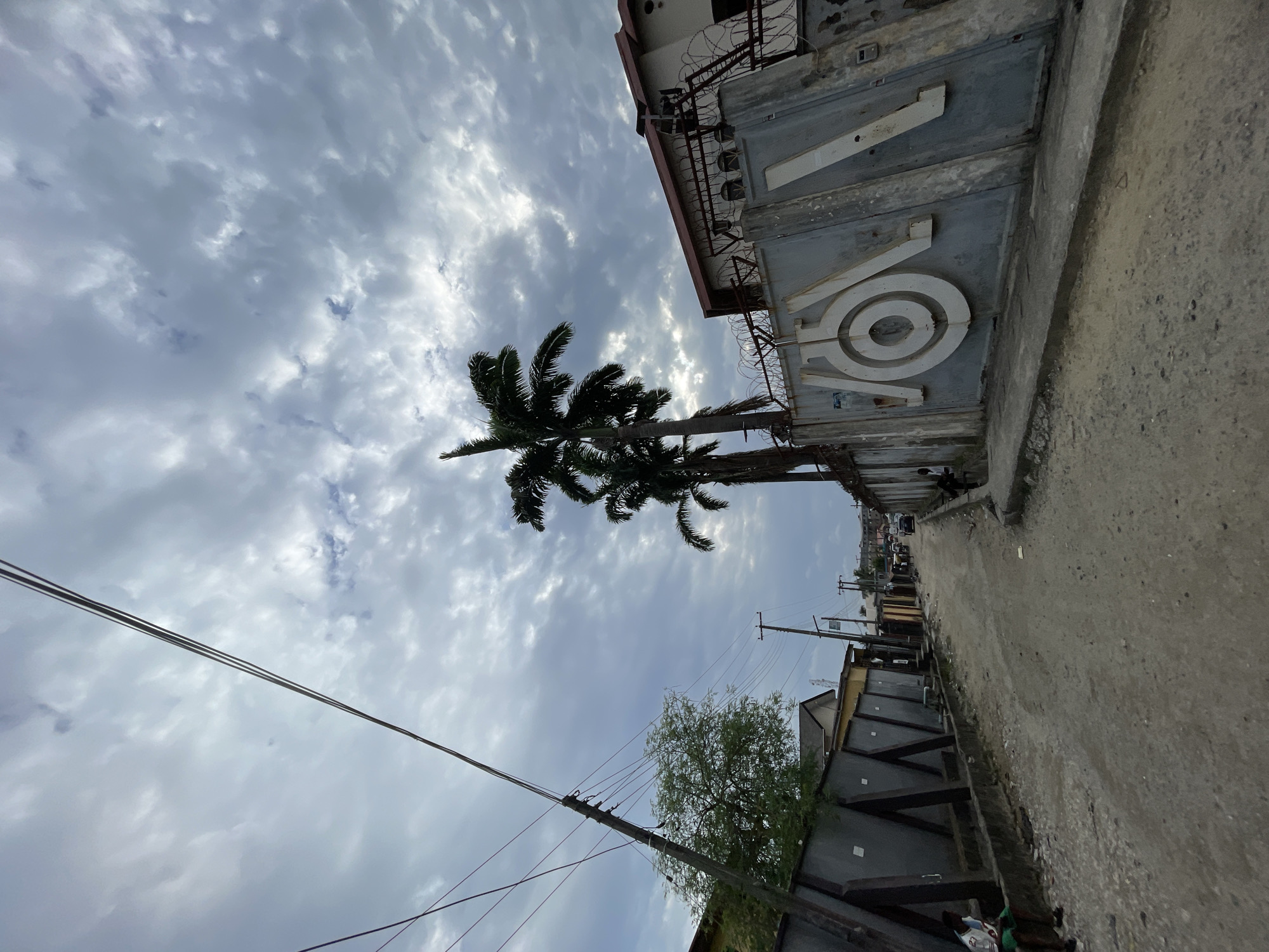The image captures a street scene in Lekki, Nigeria, under a cloudy sky. A tall palm tree stands prominently against the backdrop of the sky. To the right, a building features a sign with "VOV" in large white lettering and barbed wire. The street is bordered by fences and other buildings, with utility poles and wires visible. A few people can be seen down the road and bags filled with garbage are at the bottom right.