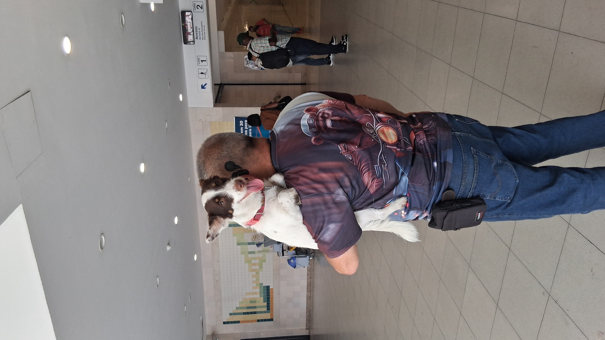 A man carries a white and brown dog in his arms inside a public building with tiled floors and a white ceiling. The dog, with its tongue out, looks towards the camera. The man is wearing a t-shirt with a graphic print of a bear on a motorcycle and blue jeans. A black pouch is attached to his belt. In the background, there are signs, other people, and a wall with colorful tiles. One sign indicates "Acesso Access to Linha 1" and "Linha 2." The location appears to be the Setúbal Train Station in Setúbal, Portugal.