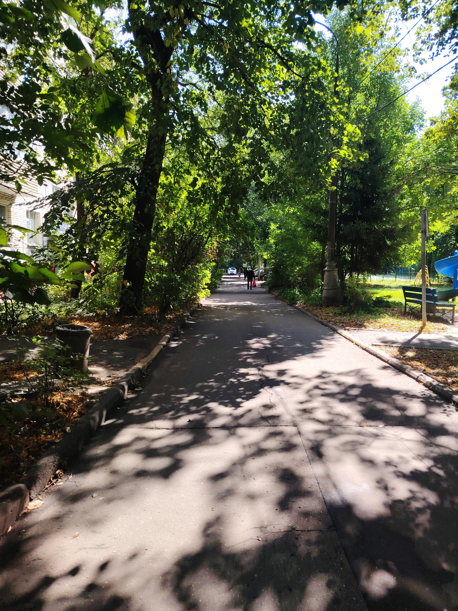 The image depicts a paved pathway in Zelenograd, Russia, lined with mature trees casting dappled shadows on the ground. On the left, a building with light-colored bricks and windows is visible, partially obscured by foliage. The pathway extends into the distance, where two individuals, one carrying a red bag, are walking away from the camera. To the right of the path, a green bench and a blue playground structure are situated near a grassy area. A lamppost stands prominently along the path, and a concrete trash receptacle is present near the curb on the left side. Dried leaves are scattered along the edges of the path and on the ground. The scene appears to be a public walkway in a residential or park-like area.