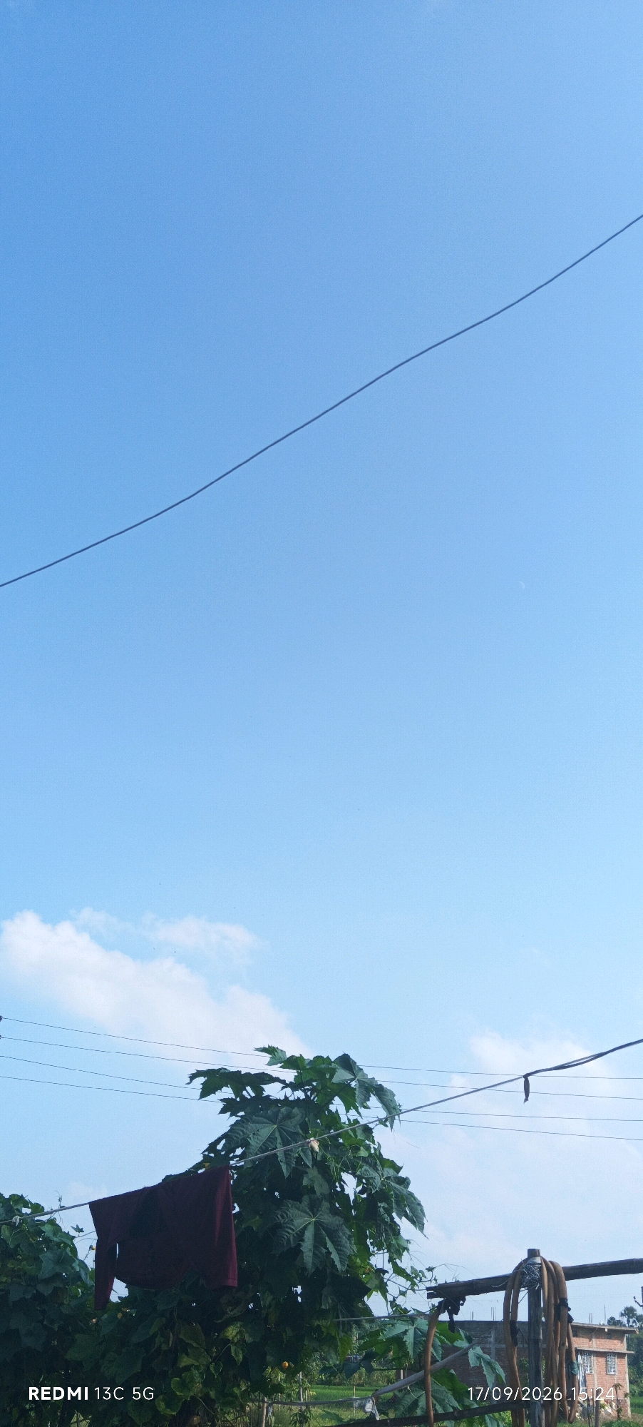 The image shows a clear blue sky with a few wispy clouds. A thin black wire stretches across the upper portion of the frame. In the lower half of the image, a tree with large, green leaves is visible, with a maroon garment hanging on a wire in front of it. To the right of the tree, a coiled hosepipe is mounted on a wooden post. In the background, a brick building with a red roof is partially visible. The bottom left corner of the image contains the text "REDMI 13C 5G", and the bottom right corner displays the date and time "17/09/2026 15:24". The scene appears to be an outdoor setting, likely a residential area in Dhamardih, India, given the presence of clothes drying and typical rural architecture. There are no people visible in the image.