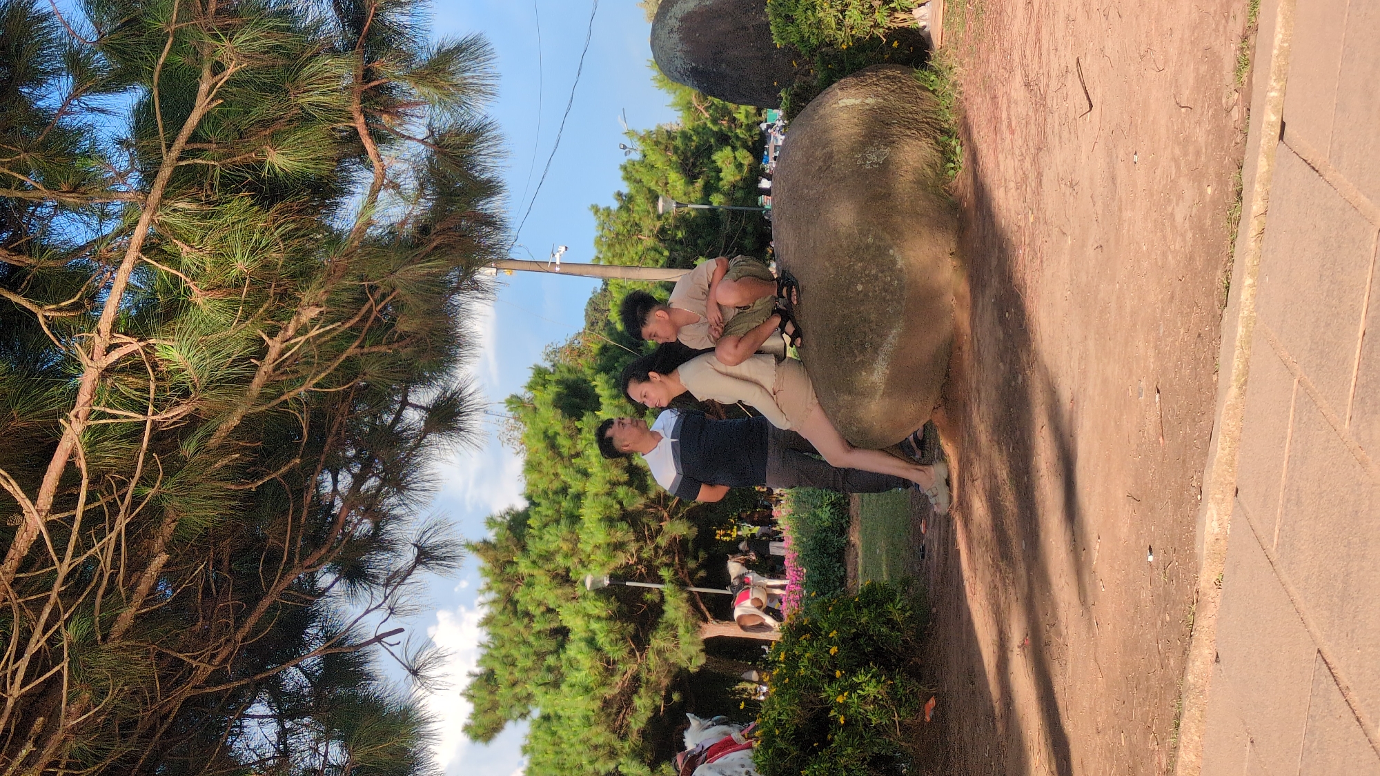 The image depicts a family enjoying a moment together in a park. A man in a striped polo shirt and dark pants stands to the left, looking at a woman in a beige outfit. The woman is seated on a large rock, facing the man and looking up at him. To the right of the woman, a young boy in a khaki outfit is crouched on the same rock, looking at the woman. The family appears to be interacting warmly.
The environment suggests a park setting in Da Lat, Vietnam, with lush green pine trees providing shade from above. In the background, there are more trees, some planted flowers, and what appear to be horses with saddles, hinting at a possible recreational area or tourist attraction. The ground is a mix of soil and paved areas, with a large, moss-covered rock serving as a prominent seating element. The lighting indicates it is daytime, with sunlight filtering through the trees, creating dappled shadows on the ground. The sky is blue with scattered clouds. The overall impression is a peaceful, familial scene in a natural, outdoor environment.