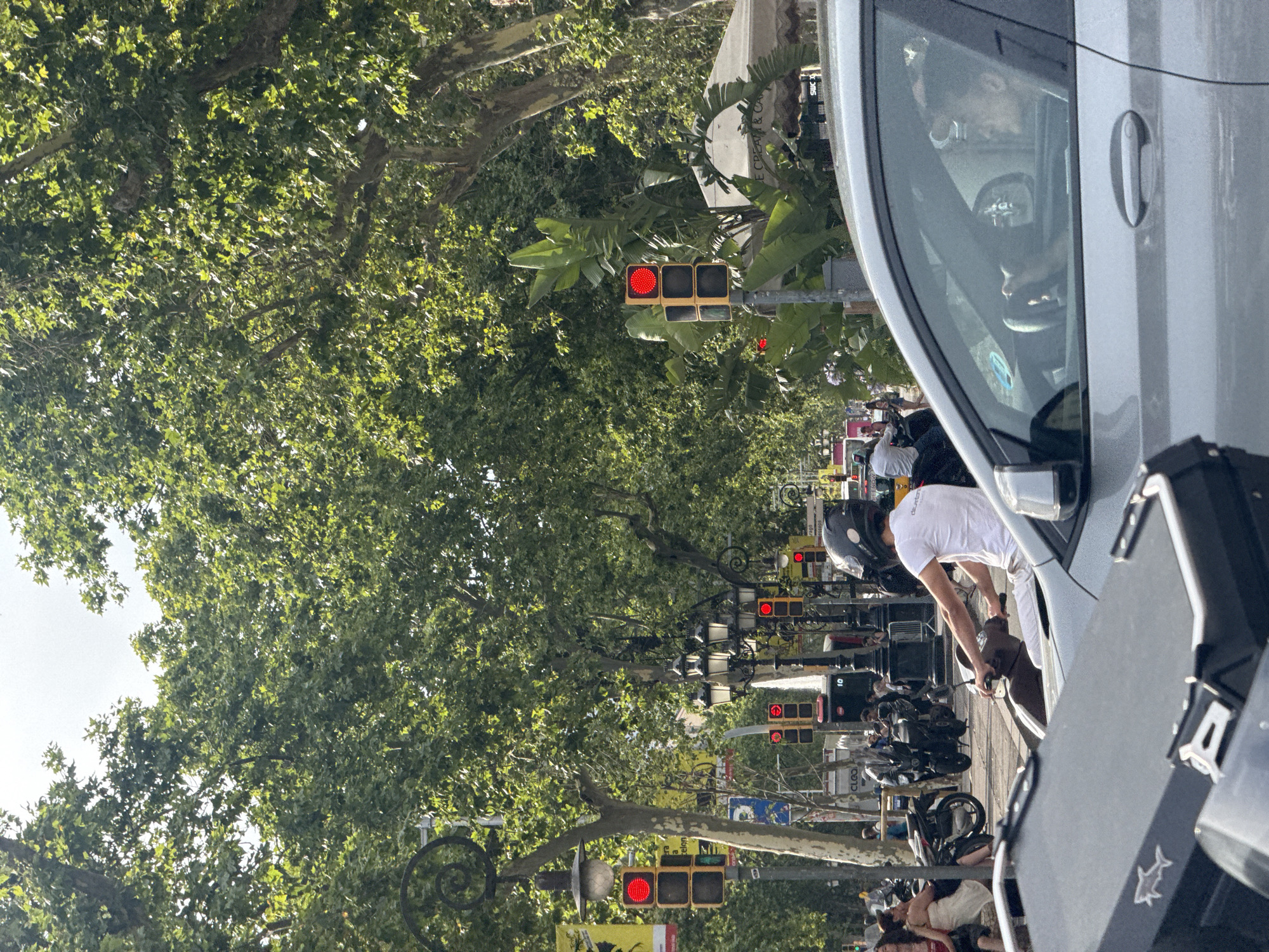 The image depicts a street scene with several vehicles and people. In the foreground, a silver car is partially visible, with its driver, a male wearing sunglasses, visible through the windshield. Behind the car, a person wearing a white t-shirt and a helmet is riding a scooter, with their hands on the handlebars. Several other scooters and motorcycles are parked or being ridden in the background. Traffic lights are visible, with several showing a red signal. The street is lined with trees, and there are some buildings and awnings visible in the distance. The overall impression is a busy urban environment.
